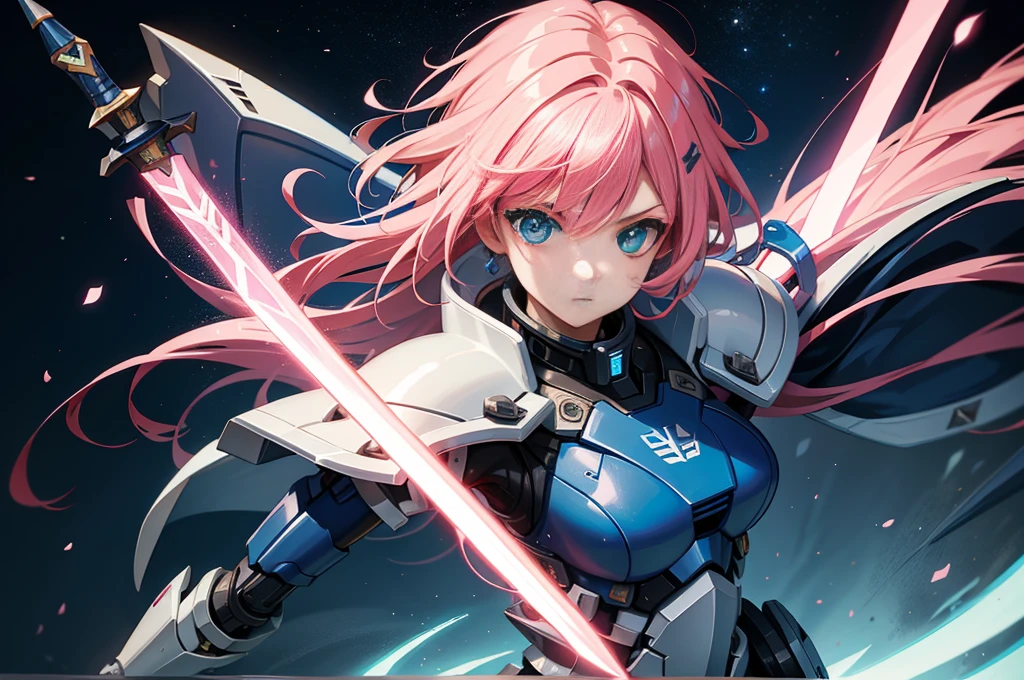 mech warrior,Girl with pink hair,armed with a short sword,Wearing blue armor,sense of science and technology,moonlight close-up,night