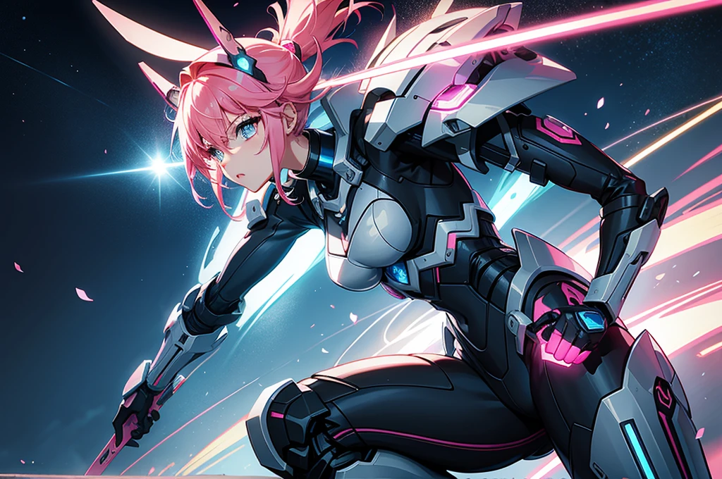 mech warrior,Girl with pink hair,armed with a short sword,Wearing blue armor,sense of science and technology,moonlight close-up,night