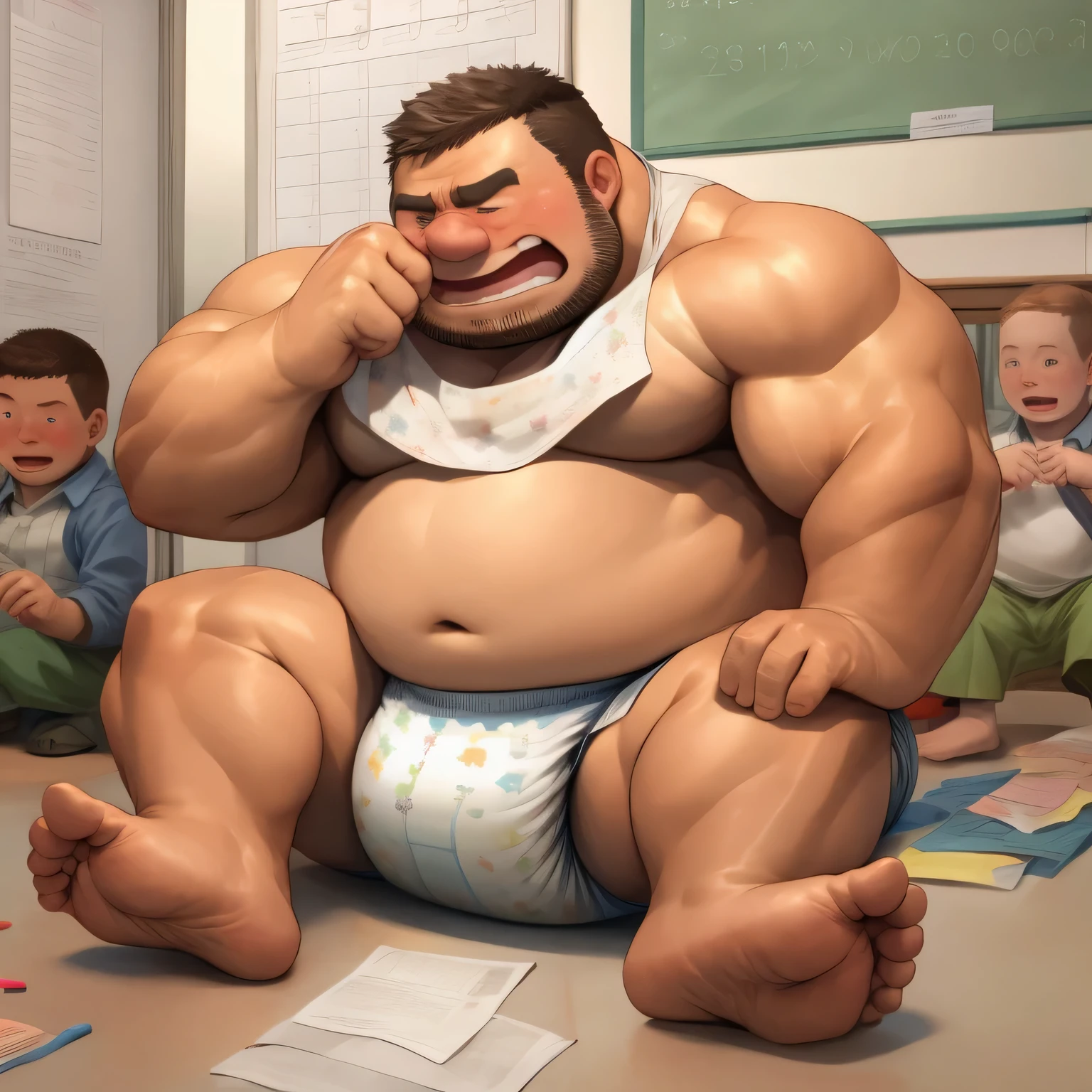 masterpiece,highest quality, In 8K, the fat man is a cruel prisoner, delay, human, 50s, (obesity: 1.0), fatty muscle, bowl leg, he is pressing his heels together, despondency, I was incontinent, 50s, waddle, There's a small puddle under my butt, I was incontinent, naked, short legs, bowl leg, spread your legs, 白い布おむつとフリルの付いたかわいいDroolかけを着用してください, cardboard diaper, Pampers, nakedのお腹, naked足, naked足, nakedの靴底, 上半身naked, wide forehead and short thin hair, A man with a big face and stubble, naked足, nakedの靴底, shy, sob, embarrassing, bright skin tone, Drool, round face, vapor, alone, She enters a nursery school but is looked down upon by the children., he was surrounded by children