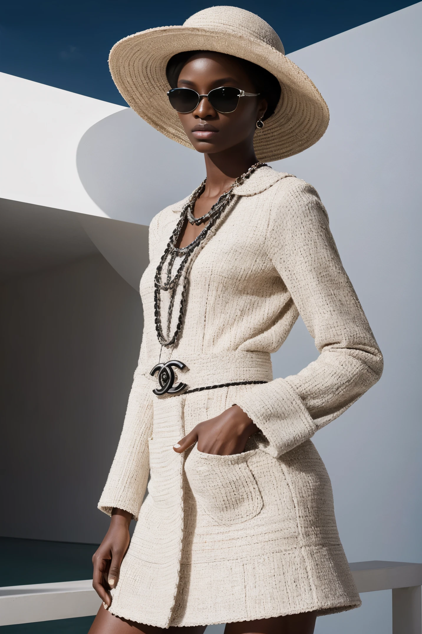 Fashion design work feauturing a (Chanel) female (Nigerian) model wearing minimalist women’s clothing, wearing a big hat and Chanel sunglasses, shot in a Bauhaus buiding with bright and soft lighting, creative a minimalist and sleek style with a sense of sophistication and high end feeling, fine lines and intricate details, realistic anatomies, Nikon D800