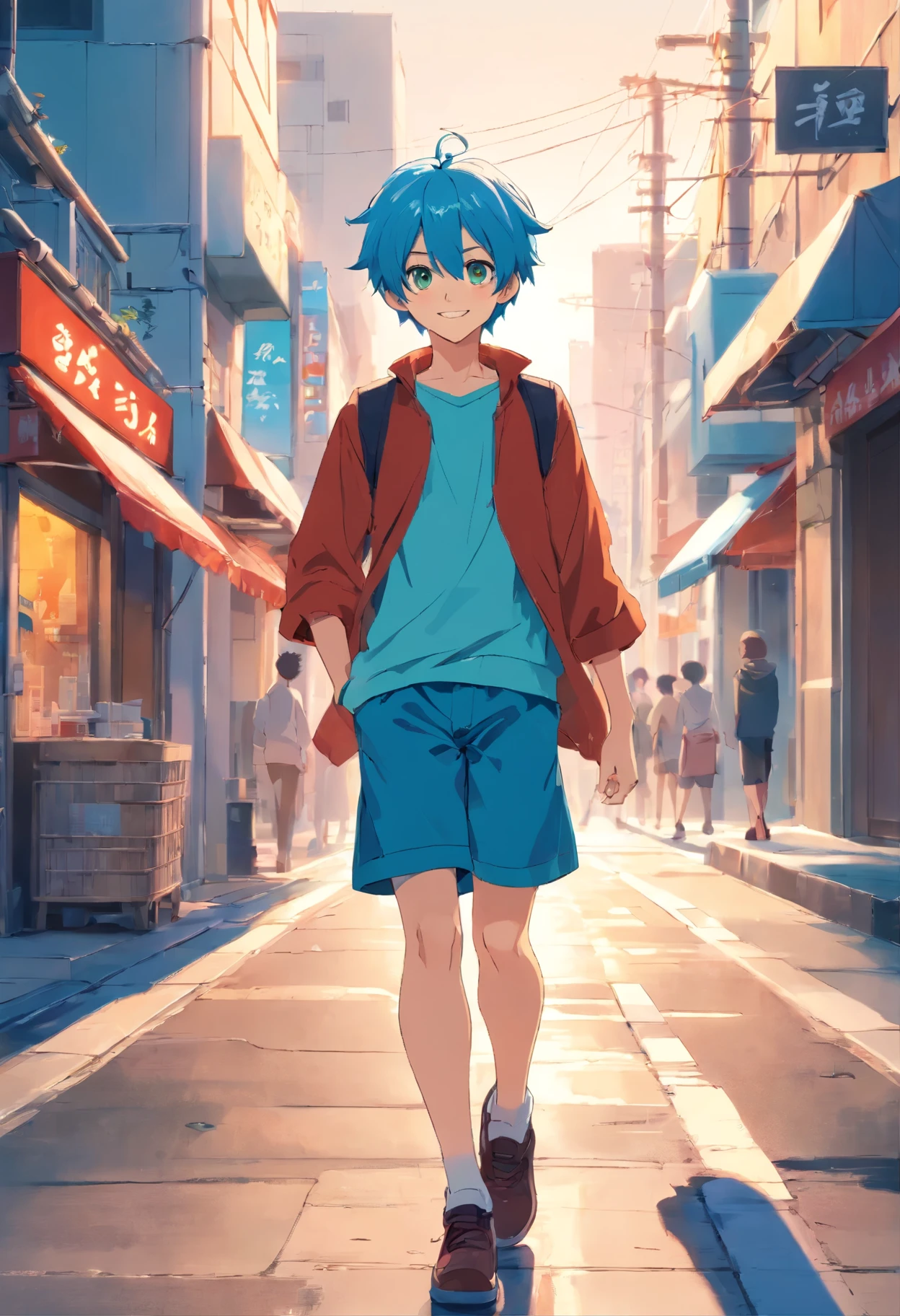 A boy transformed into anime style、light blue hair、black eyes、とてもsmile、Mujaki、Exaggerated and unique facial features and clothing、Standing on a bright and lively street corner、The backlit background makes the subject stand out、high contrast colors、4K high image quality、smile、