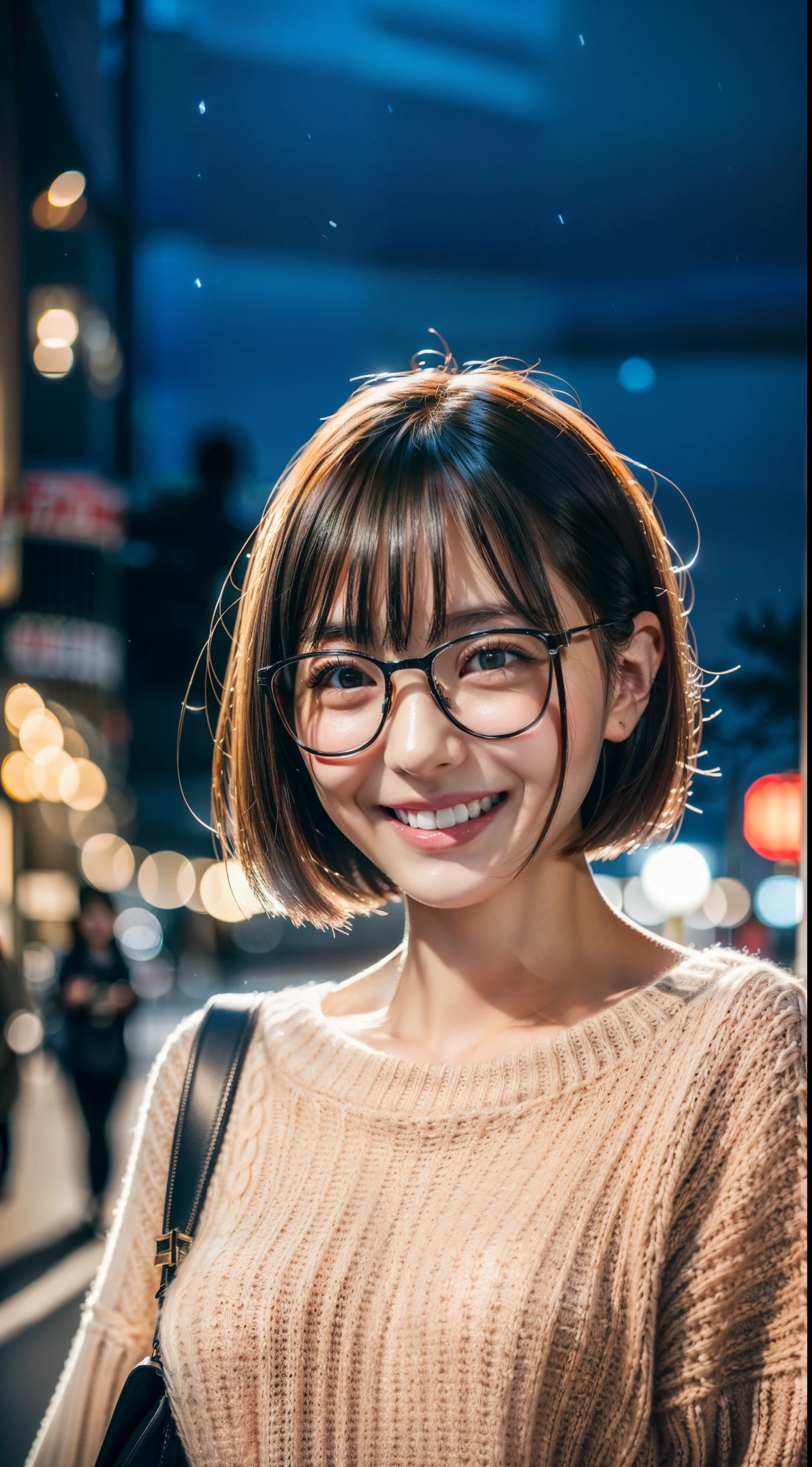 Japan girl in casual clothes on the street in Tokyo, looking at the viewer, posing with a smile (highest quality, masterpiece))), High resolution, very detailed, masterpiece, cinematic lighting, (8K, highest quality, masterpiece: 1.2), (realistic, photorealistic: 1.37) high resolution, Super detailed, 1 girl , woman wearing glasses, Asian, cute, cute Face, alone, short hair1.2, rough skin, beautiful smile, beautiful and detailed sky, Detailed cafe, night, movie lighting, Depth of bounds written, lens flare light, sitting, date, (make your nose red), (smile: 1.15), small breasts (closed your mouth), Beautiful eyes in every detail, (sweater: 1.1), night, (short hair: 1.2), floating hair nova frog style,