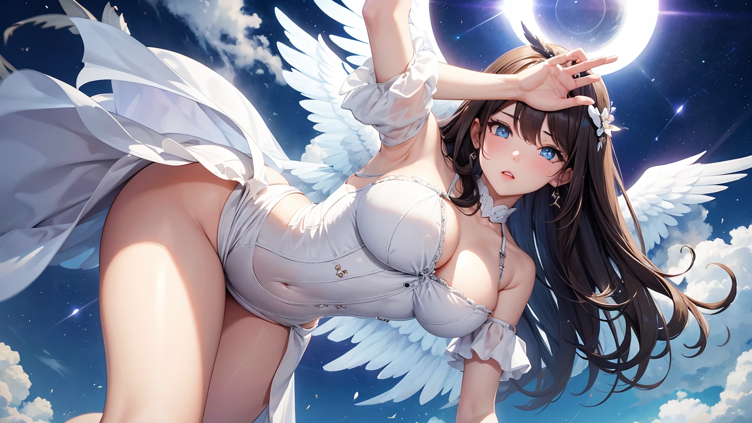 1Woman milf “"Giant breasts" + "large rear" + "wide hips" + " tiny waist" + "plump thighs" + "blue eyes" + "Black eyeliner" + (("shy expression")) + "Longcurly light brown color Hair" + "Red Lips" + "Lucious Lips"”)}, {“Outfit”: Seraphim white magic dress, magic fan weapon, white wings transparent, halo, Clouds, sun, Little wings on the head}).