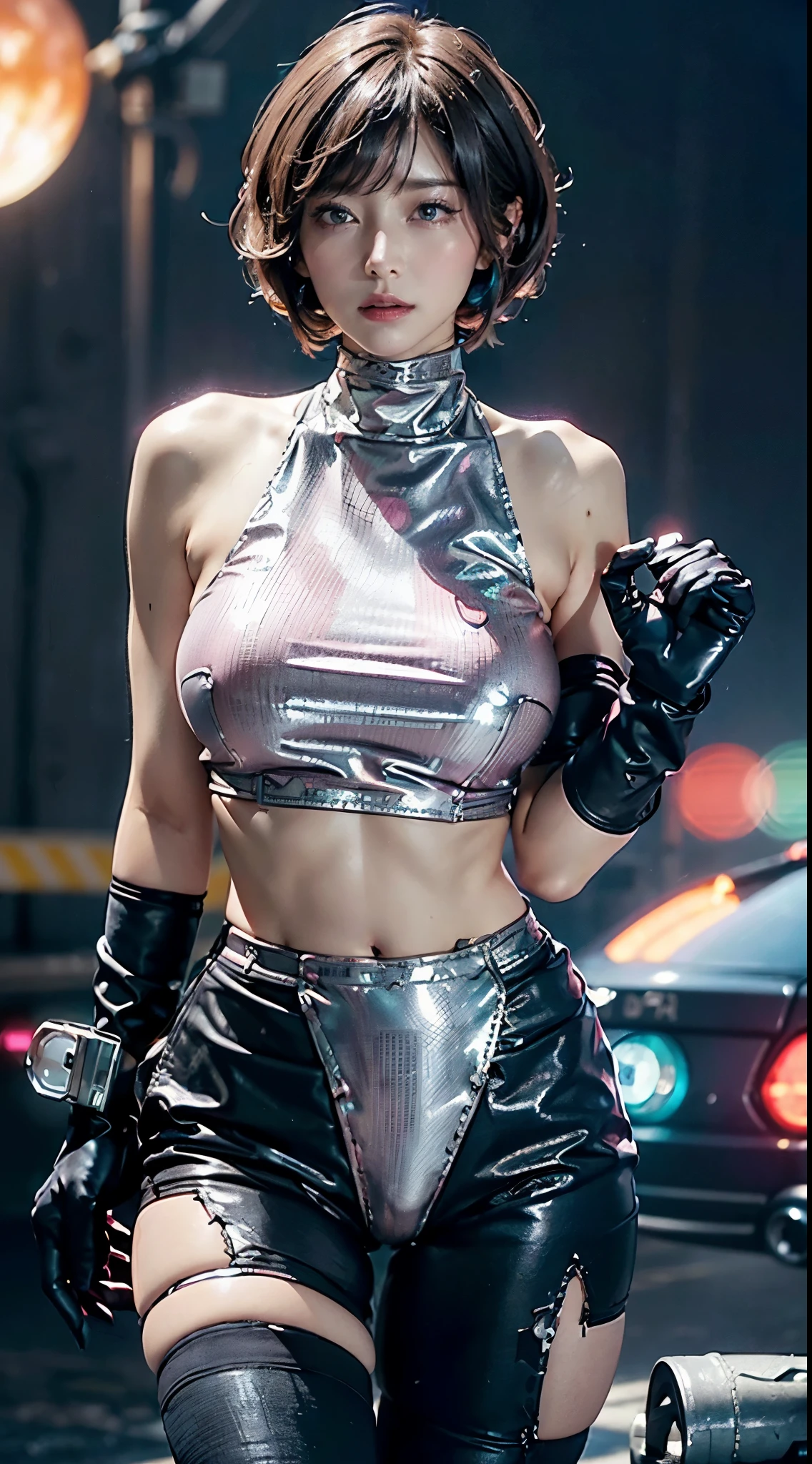 Top Quality, Ultra High Definition, (backlight), (Photorealistic: 1.4), (back shot:1), 1 Beautiful Girl, (Kpop Idol), Detailed Face, (Hair Style: Pink:1, fullbang, shortbob-style:1), Contrapposto, Perfect Anatomy, wavy hair, Professional Lighting, ((wearing Futuristic Police Racing Suits, police wappen, High-tech Headset, military harness, racing gloves, handgun)), outside honey bob hairstyle, ("POLICE", Cloths colors based on silver pink black white), (background, crashed cars, fire, (Explosion)),