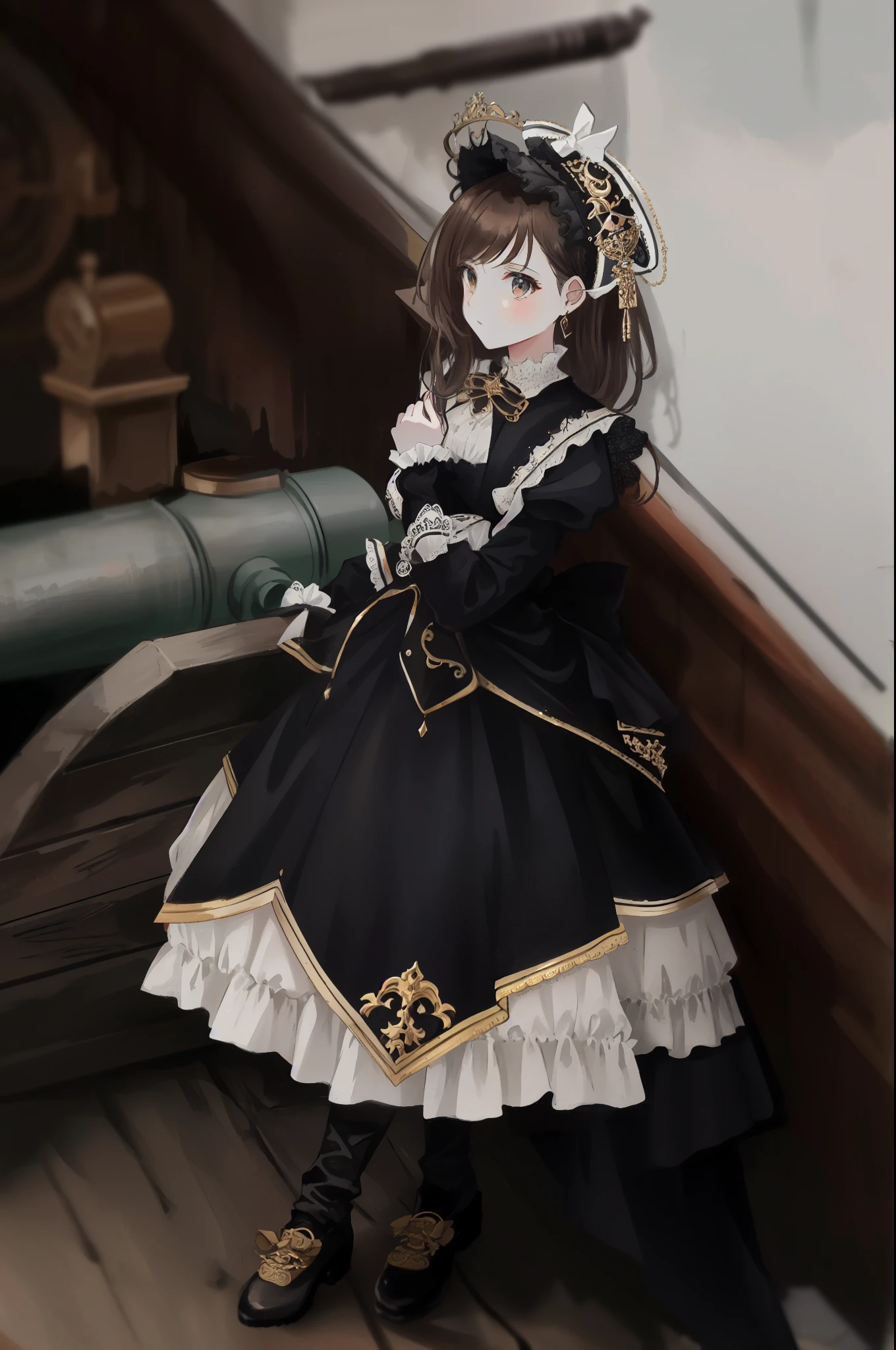 arafed doll sitting on a wooden deck next to a cannon, (brown long hair swept bangs:1.3), victorian gothic ta fashion, black gothic loliress, in victorian aristocrat, victorian style costume, historical baroque dress dark, historical baroque dress, in detailed steampunk dress, black victorian dress, baroque dress, black rococo, imperial royal elegant clothing, ornate cosplay, lolita fon, victorian dress, victorian inspired clothing