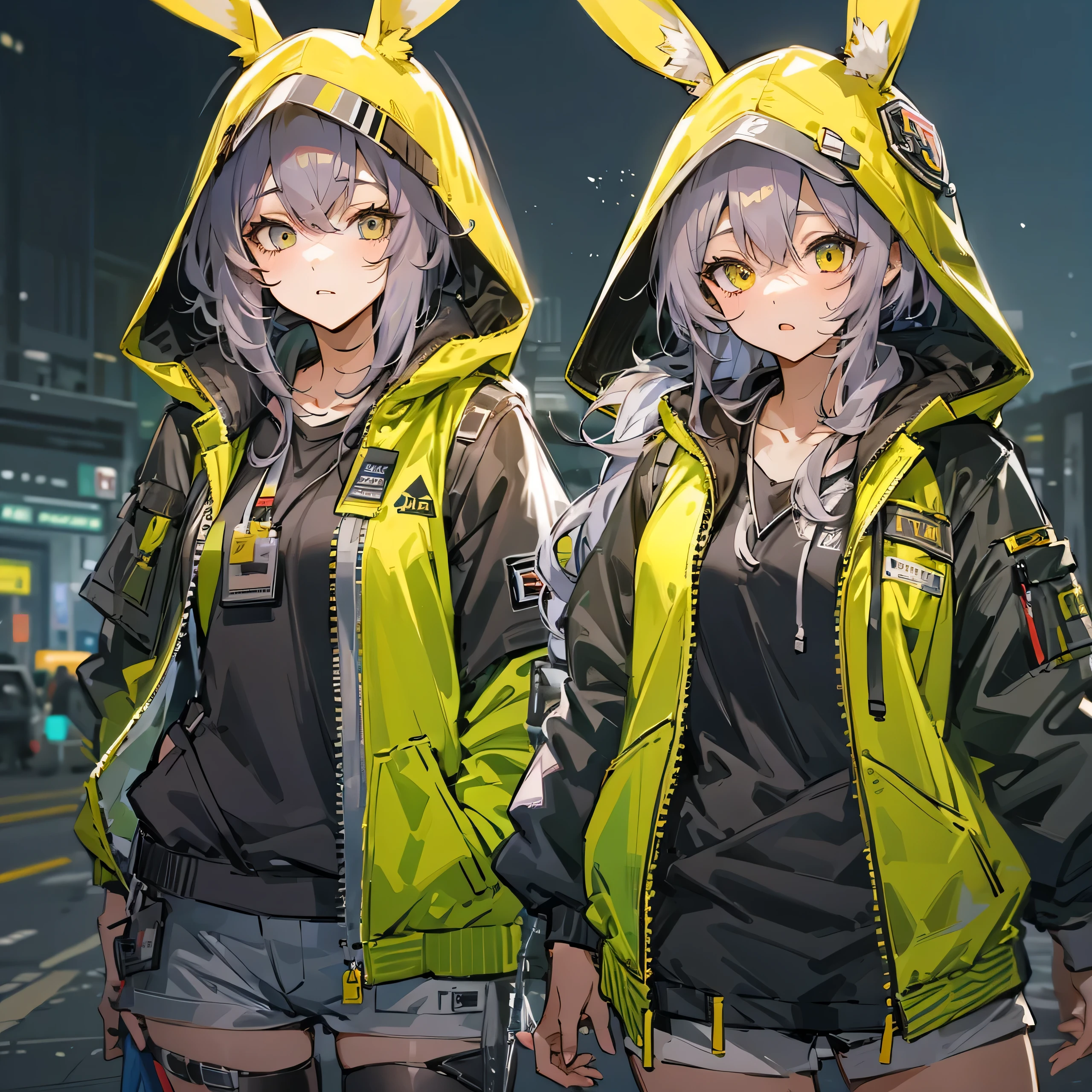 2 girls, jacket, outdoor, hoodie, open jacket, chain,cute, kawai, looking at another, trending on artstation, 8k resolution, highly detailed, anatomically correct, sharp image, digital painting, concept art, trending on pixiv ,yellow color clothes,glow in the eyes, monocromatic colors, black and white, attractive aspect, hot look, arknights looks, arknights anime, bunny ears, detailed anime eyes, simple background, full body