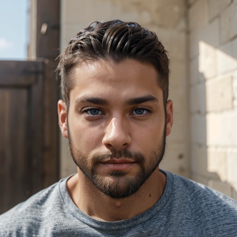 Male, brunette, muscular, blue eyes, light skin, small beard, hunter eyes, Mexican