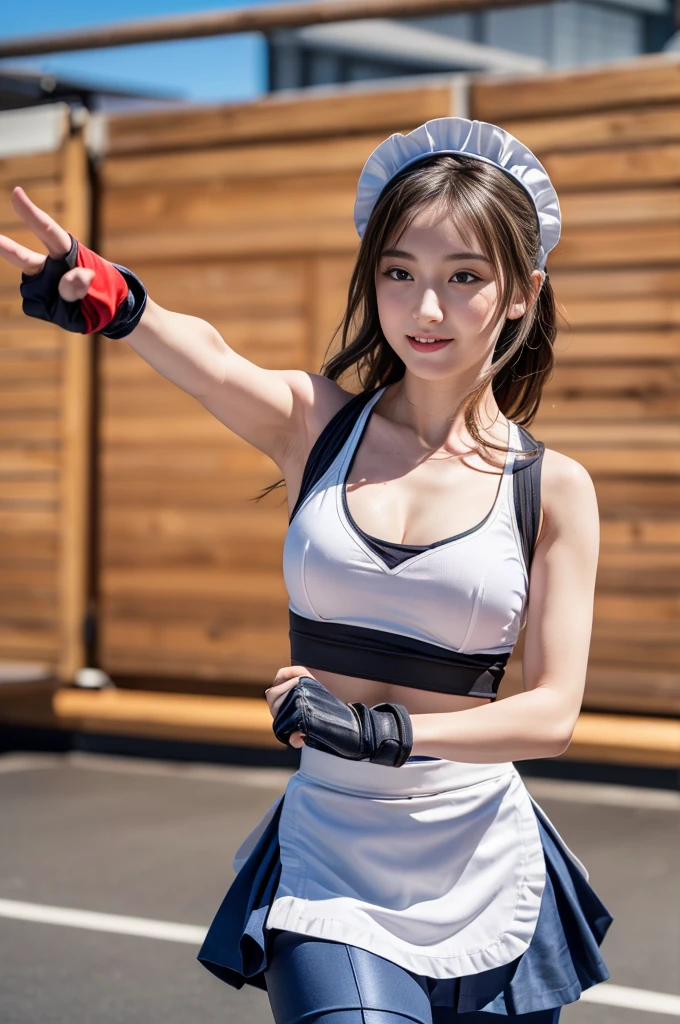 table top, highest quality, super detailed, finely, High resolution, 8k wallpaper, perfect dynamic composition, beautiful and fine eyes,medium hair, natural color lip,smile,(wearing a maid outfit,red open finger gloves:1.3),(long hair:1.3), (front view. drawn action: That girl has to do kickboxing. . video 、when doing a high kick, Need to convey a sense of dynamic movement:1.4),(The wind blows and lifts my skirt,I can see your pants:1.3)16 year old girl,(whole body:1.3)