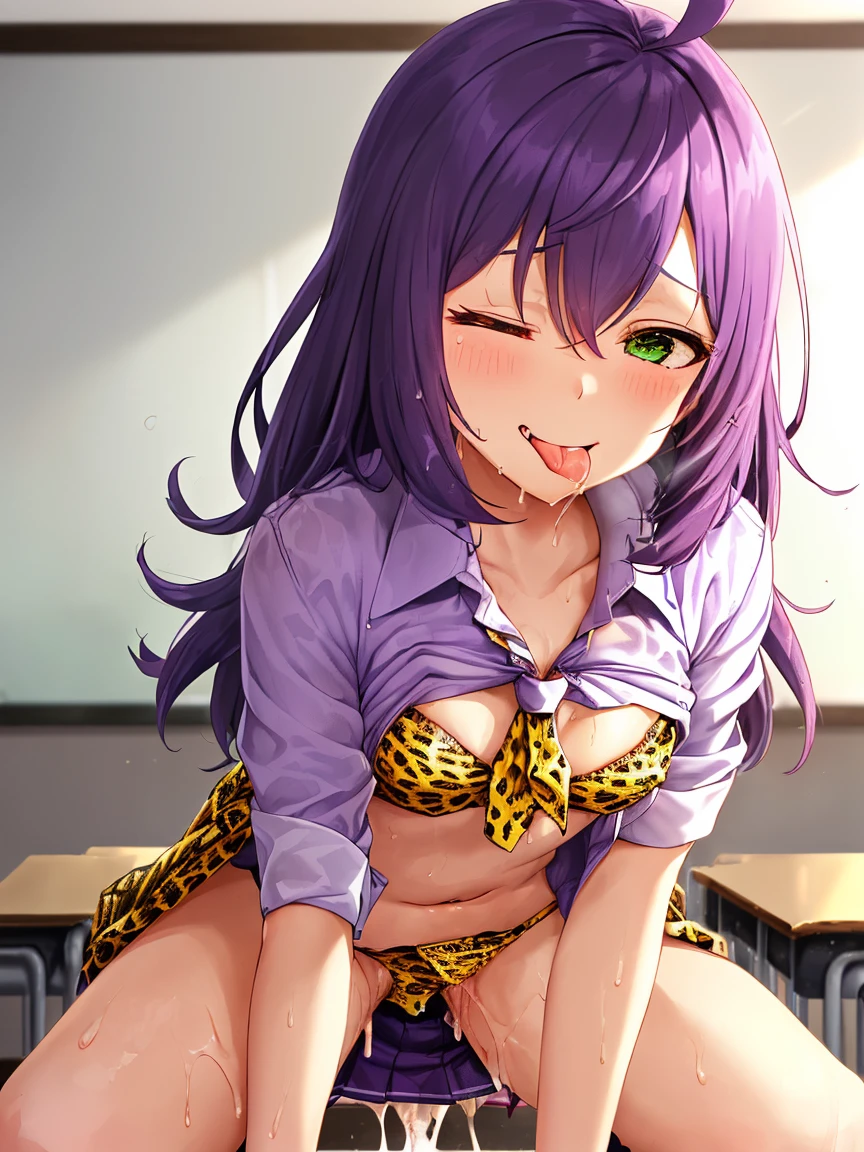 nsfw,(super fine illustration,8K CG wallpaper,best quality,extremely detailed,ultra high res,best aesthetic),(cowboy shot,from front),1girl,1girl, solo,idolmaster, ((anna mochiduki)), (yo, beautiful girl), (beautiful green eyes),(eyeshadow),(((beautiful purple hair)))), ((midium long hair)),(ahoge),(wet hair), (shiny hair),(wet skin), (dark skin),(shiny skin),(school uniform, white collared shirt, collarbone), (red long tie), (checked skirt,chorker, wearing a cardigan around),(the waist),(flat chests,very small breasts),sweaty body), (open clothes),((yellow Leopard print bra and panty)), ((lift up bra)),((pull down skirt and panty)),(((pubic purple hair:1.5)),(bsp, pussy juice dripping,pussy, pussy slip,no makeup, sweaty body),(spread legs),(open pussy:1.3),((steam)),(scatter sweat),(embarrassed,smile), open mouths,(((one eye closed))),(((tongue out))),deep breathing, feel good,indecency,(squatting),(Nice touch),(grin),(one eye closed),((Kamimei),(lipstick),((fingernails)),(ecstasy),(((sex,Cowgirl,pov))),(cum shot:1.3),(background classroom),(twilight),Blur the background,
