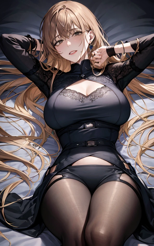 (view from back) woman Lying on stomach with hands propping up head, (shirt, tie, pants:0.5) (detailed realistic face), (((hyperdetailed))), zoomed out, symmetrical face, detailed pupil, expressive eyes, makeup, real photography, modern look, Real photography (Realisitc:1.5), Yoo sangah, crazy, crazy eyes, yandere, begging, desperate, disheveled, messy hair