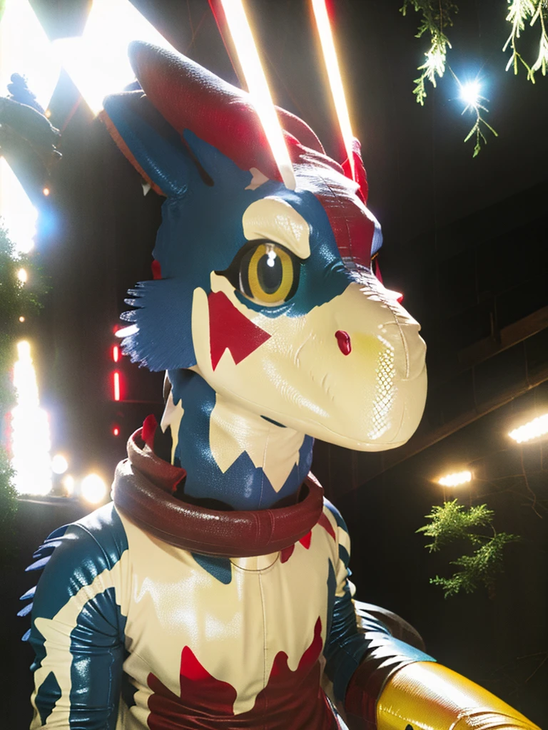 Ultra high resolution, best quality, masterpiece, raw selfie photograph, close-up, (half transformation), human shiny smooth red polyvinyl deinonychus velociraptor mount inflatable rubber fursuit hybridization metamorphosis, wearing saddle bridle bit and harness, standing by a pier railing at night, (part human:1.6), (red:1.9) (black:1.5) (gray:1.1) (cobalt:0.5) (striped:1.2) (spotted:1.1), ((liquid polyvinyl goo partial dripping encasement)), human feathered polyvinyl dinosaur raptor inflatable rubber fursuit hybrid mount, zipper open, plastic handlebars, air valve nozzle