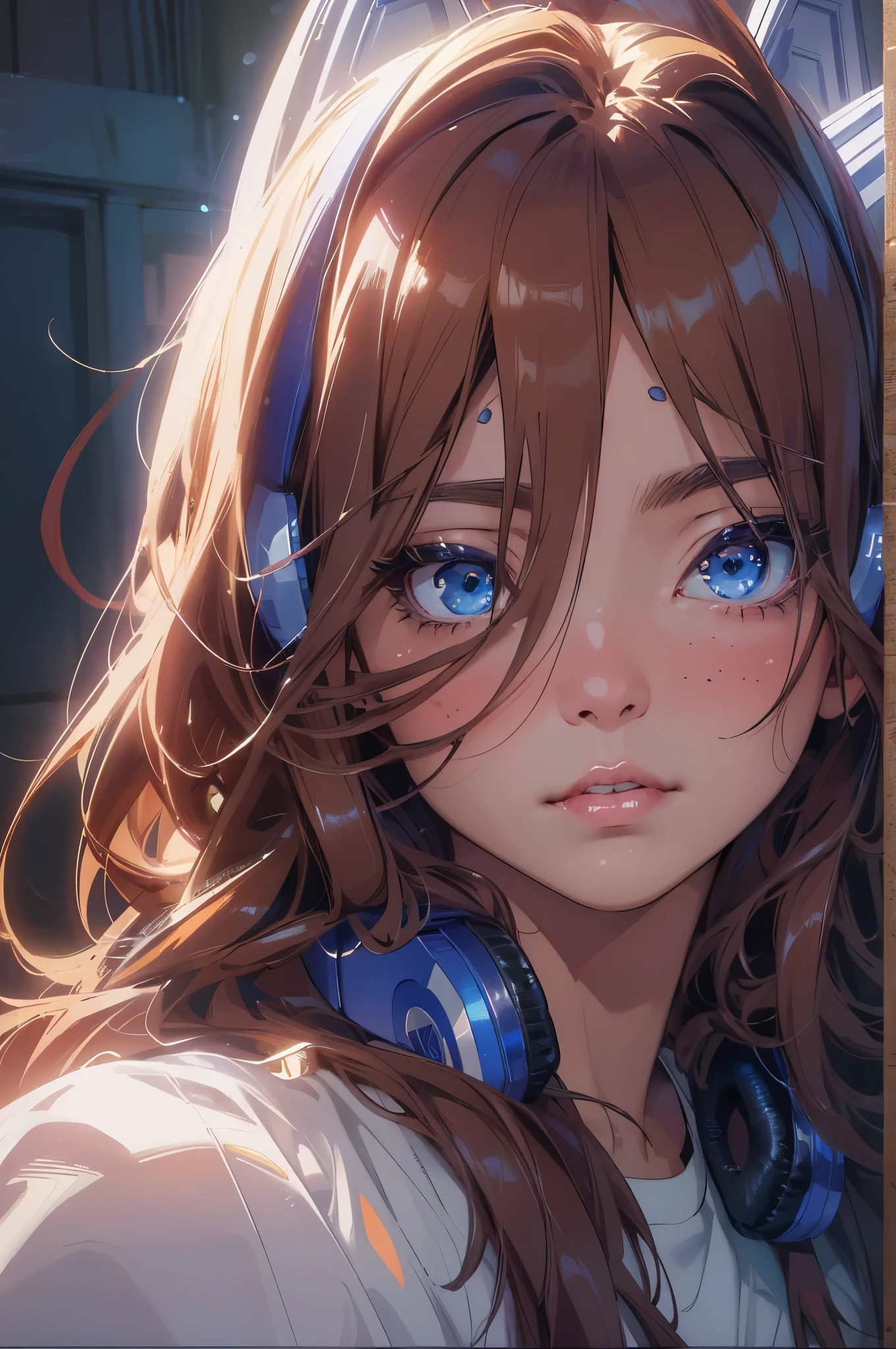 melancholy lighting, quiet, calm, brightness, masterpiece, best quality, 1girl, (JinxLol:1.2), (ultra photorealistic:1.3), (masterpiece:1.4), best quality, ((realistic)), high quality, ultra detailed, ((real image)), ((realistic skin)), ((realistic face)),(illustration:1.05), (beautiful:1.05), (beautiful detailed eyes:1.05), (cinematic light:1.1), red torino deataques, cosplay of Miku nakano , Ultra high res.photorealistic:.1.4, UHD, hair colour of Miku nakano,, ((wearing headphone in neck)), ultra-detailed eyelashes, Ultra-detailed lips, precisely drawn lip wrinkles, beautiful shiny lips, (shiny skin due to sweat: 0.9), ((glossy lips:1.3)), horny expression, seductive expression,