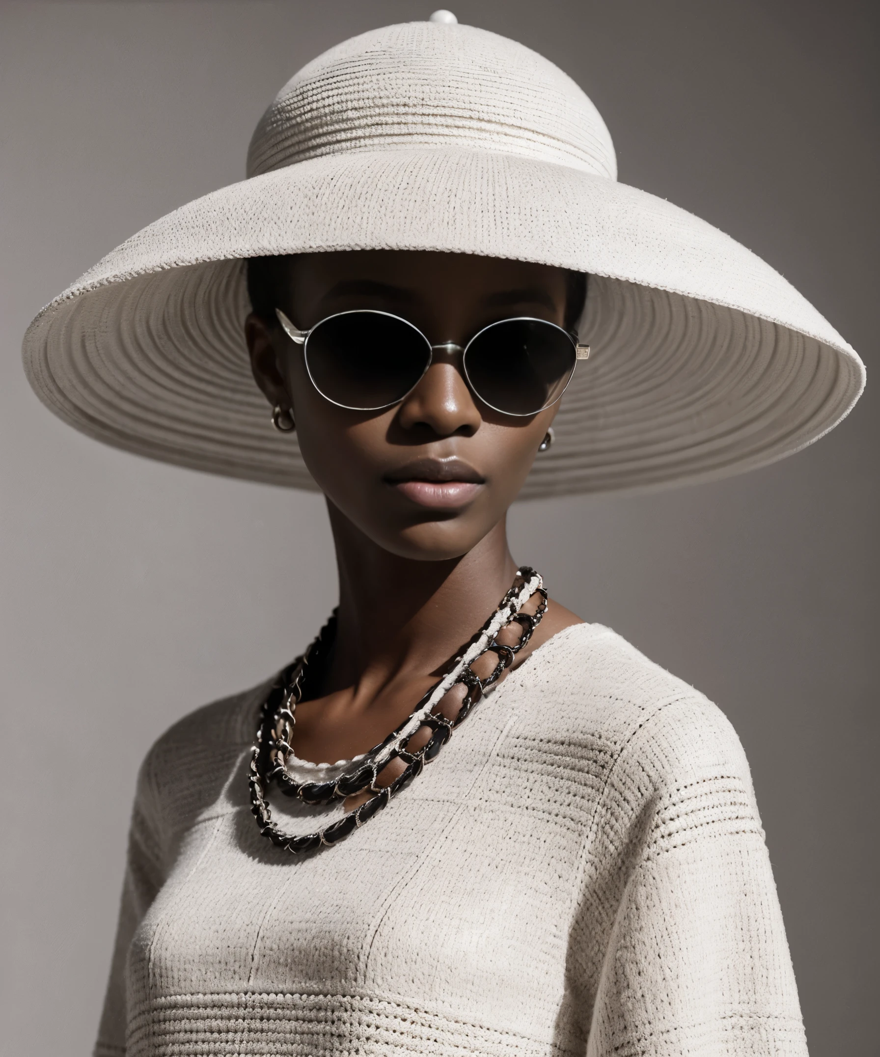 Fashion design work feauturing a (Chanel) female (Nigerian) model wearing minimalist women’s clothing, wearing a big hat and Chanel sunglasses, shot in a Bauhaus buiding with bright and soft lighting, creative a minimalist and sleek style with a sense of sophistication and high end feeling, fine lines and intricate details, realistic anatomies, Nikon D800