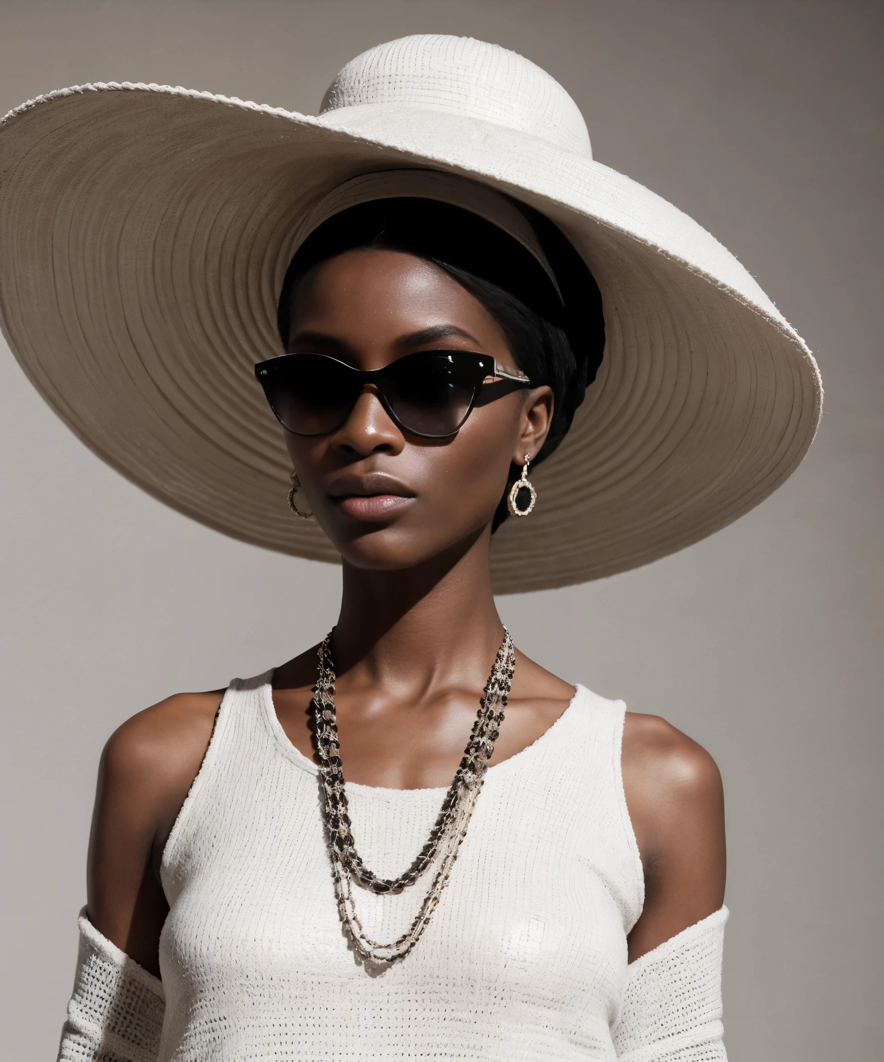 Fashion design work feauturing a (Chanel) female (Nigerian) model wearing minimalist women’s clothing, wearing a big hat and Chanel sunglasses, shot in a Bauhaus buiding with bright and soft lighting, creative a minimalist and sleek style with a sense of sophistication and high end feeling, fine lines and intricate details, realistic anatomies, Nikon D800