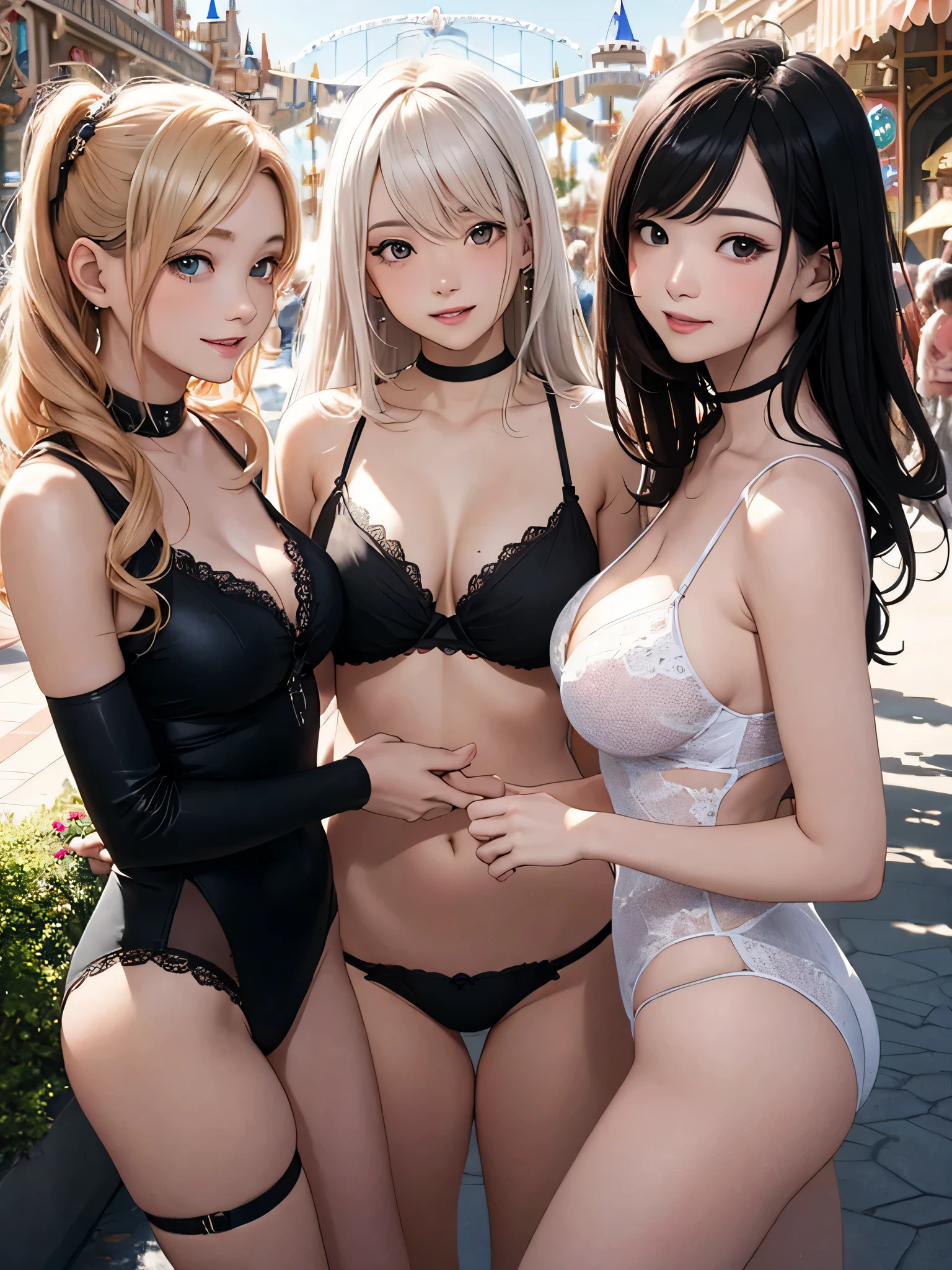 highest quality、High resolution、High resolution、8K、(Disneyland)、amusement park、outdoor、A beautiful teenage girl with、(three women),perfect skin,huge breasts、sexual expression、dancing、emphasize the chest、Flashy underwear、Fancy hairstyle、派手な髪color、smile、sexual expression、emphasize cleavage、color々Facial Patterns、color々hairstyle pattern