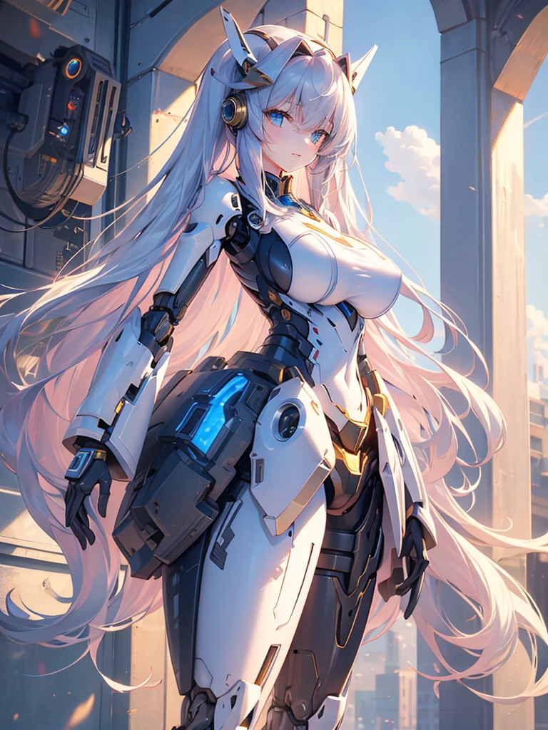 ((master piece,best quality)),large mechanical robot structure,1 girl,a mecha girl,thin long hair,delicate features,huge tit,open chest,,long legs,fine pubic hair,