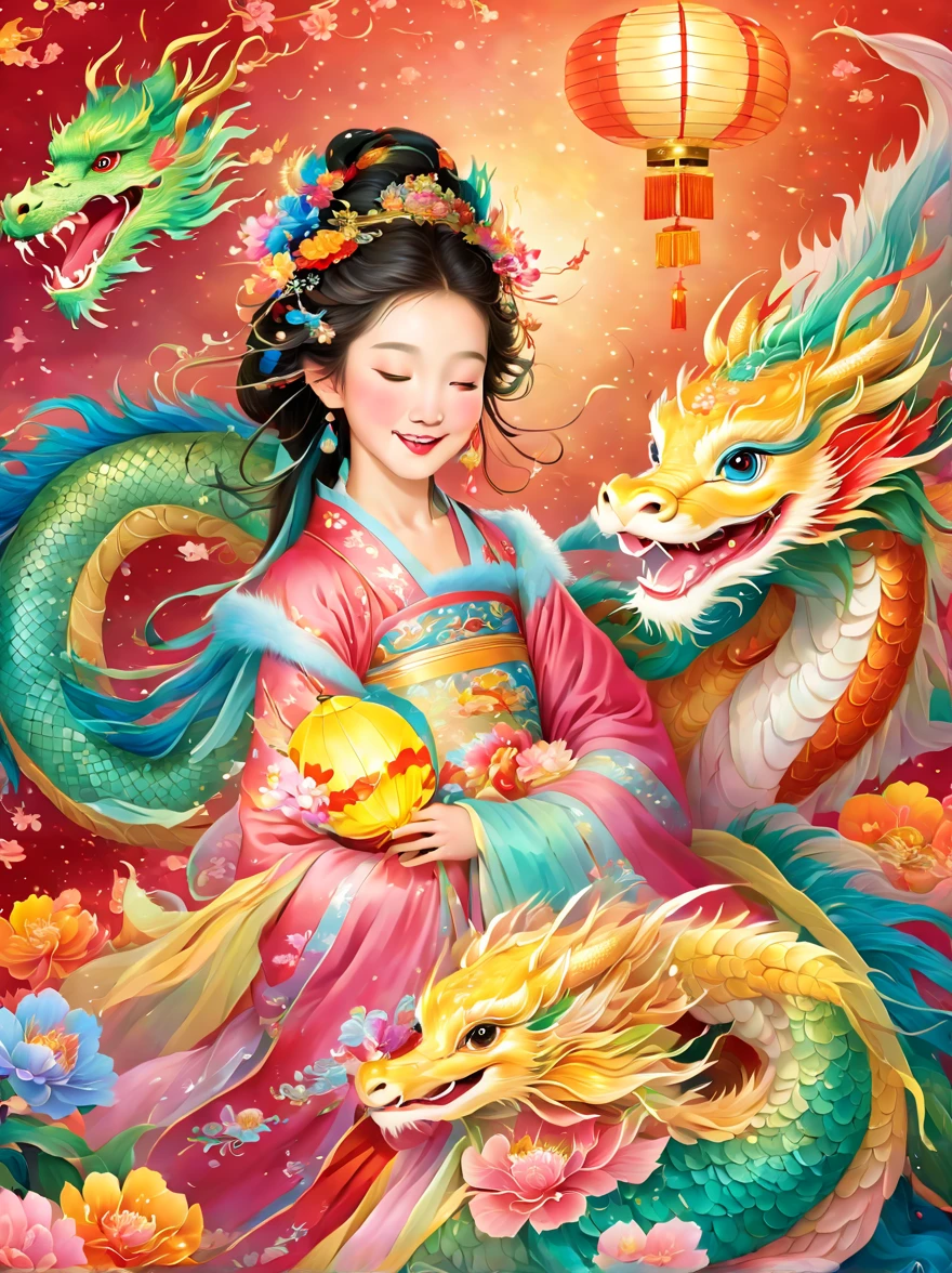 joyful and festive scene featuring a cute and lively 5-year-old ancient Chinese princess embracing a fluffy-textured, mythical Chinese baby dragon. Both are sleeping peacefully. The background is enhanced with festive decorations, such as lanterns, colorful banners, and traditional Chinese motifs, symbolizing celebration and happiness. This scene, rich in ancient Chinese cultural elements, captures a sense of joy and festivity, making the moment between the princess and the dragon even more endearing and magical, (花卉水彩画:1.5), (Ultra high saturation, bright and vivid colors: 1.5), (nsfw), (Facing the viewer: 1.5)