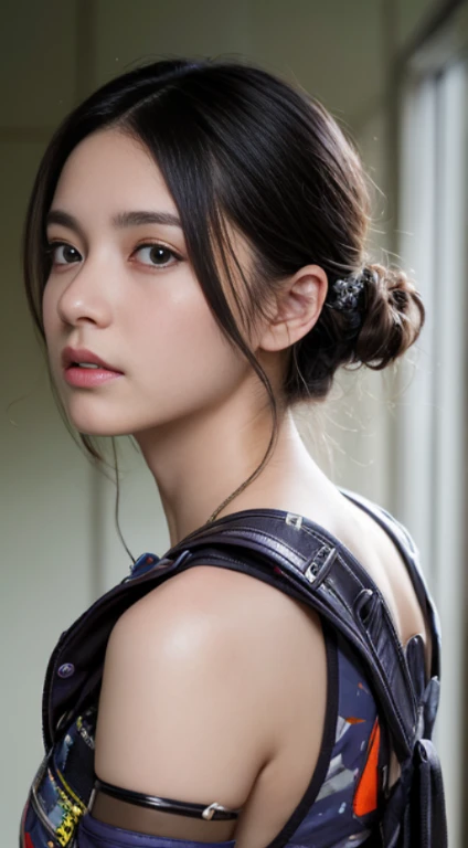 Highest quality, Masterpiece, Ultra high resolution, (realistic: 1.4), raw photos, 1 girl, black hair, shiny skin, 1 girlเครื่องกล, (Extraordinarily realistic details)), Portrait, world class illumination, shadow, Octane rendering, 8ก, Ultra Sharp, big, Cleavage reveals raw skin., metal, intricate decorative details, Japan details, Very complicated details, realistic light, CGSoation trend, purple eyes, shining eyes, Facing the camera, neon details, mechanical limbs, blood vessels connected to tubes, Mechanical spine attached to the back, Mechanical cervical attachment to the neck, sit, Wires and cables connect to the head., Gundam, small LED lamp,