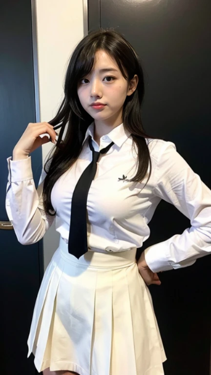 japanese woman,cool woman,white shirt,black skirt,small breast bulge,,high school student,high school uniform