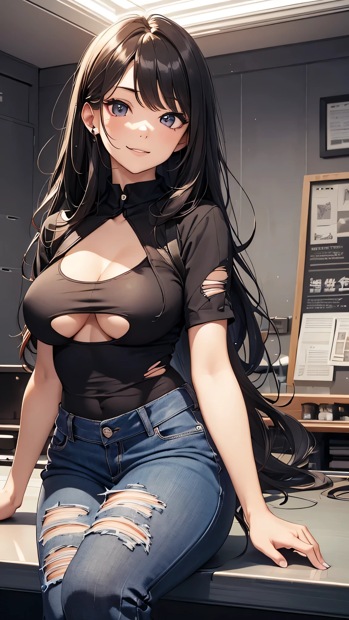 最high quality、best image quality、masterpiece、teenage girl((18-year-old、 By becoming、vest bust、medium bust,wide open breast tea、black eye, black hair、long hair、thin,highest valley、Torn black t-shirt(2:3)、cute smile,damaged pants(2:3))),high quality、beautiful art、background((photo studio)),debris flies、Depth of written boundary、movie、visual art、perfect art、8K,genuine