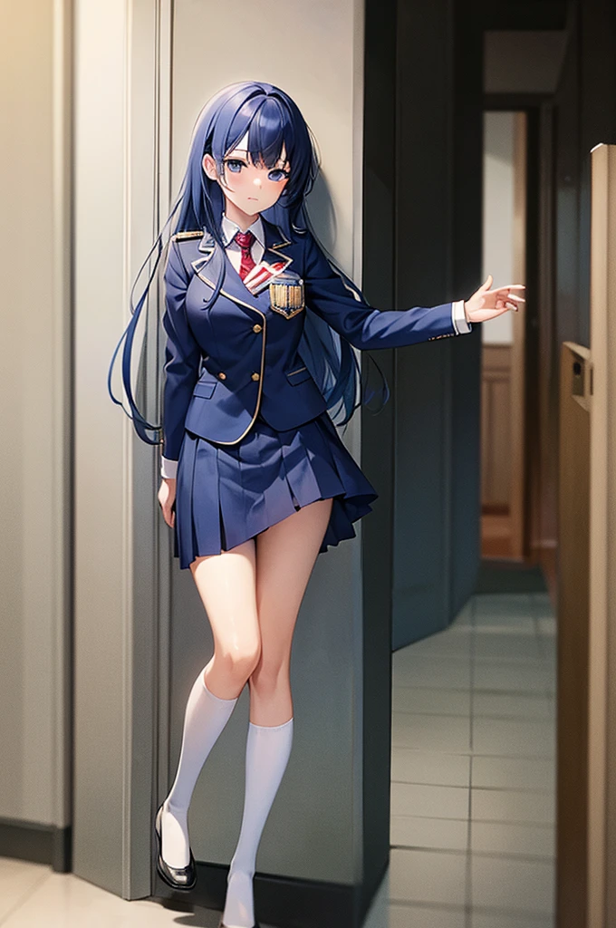 [(masterpiece: 1.1, highest quality: 1.1), Shy high school girl in uniform, emphasize, , Sheer, Somewhat 0.8 Blue hair, Wet,
The location is the hallway　The tie is light blue　