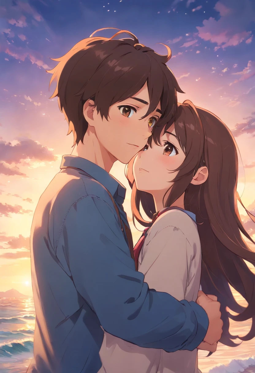 a 20 year old girl, with wavy brown hair, is being embraced from behind by a handsome 21 year old man