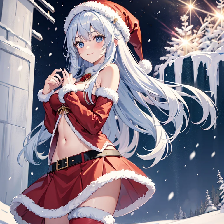 anime girl, 1 person,silvery hair, blue eyes, santa hat, santa shirt, santa suit, Christmas suit,Navel exposed、Santa Skirt、winter suit, color winter dress red, D cup breasts, Long boots, standing cross-legged, smile shyly, blush, cold winter, it's snowing, suitable for Christmas gifts, Christmas, alone(Full HD 4K+ image)
