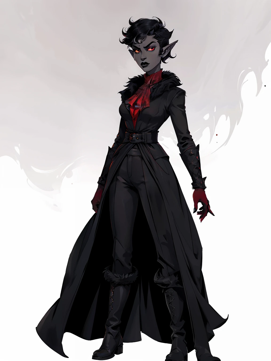 full body portrait, 1girl, short combed hair, pixie cut, forehead, drow, black lipstick, fur coat, (red shirt), high collar, ascot, solo, outside, blank background, white background, gothic fantasy art, pauldrons, long pointy ears, high laced boots