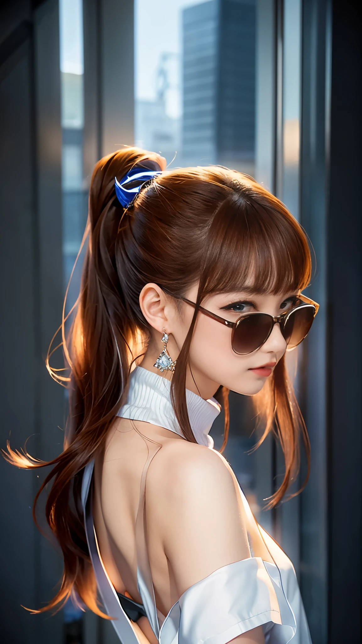 beautiful japanese woman，Photos taken by a professional photographer，Fancy makeup with red eyeshadow，double eyelid，The best smile，Delicate brown hair with short cut and side waves，big ring earrings，elegant legs，Wearing black high heels，long and thin legs, white shirt and super miniskirt, long legs, standing during class, very beautiful slim legs, とても美しいlong and thin legs, sitting at desk, Business service, beautiful feet, good hips and long legs, beautiful feet, surreal high school girl, cleavage, 