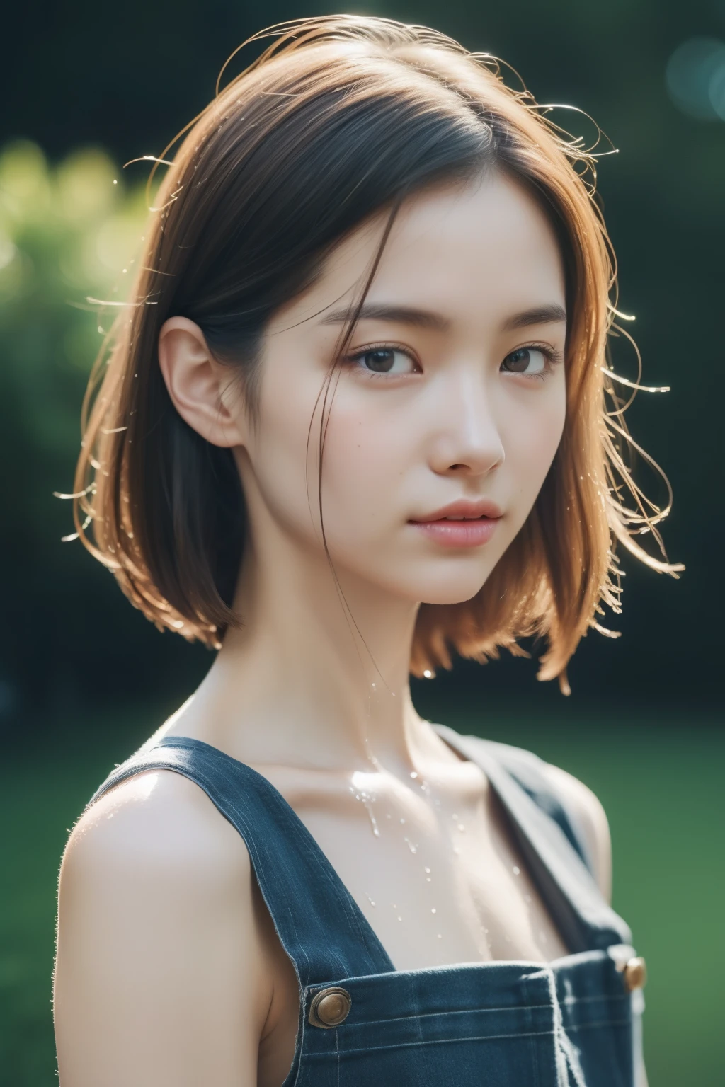 (Raw photo:1.2), (Photoreal:1.4), beautiful detailed girl, very detailed目と顔, beautiful and fine eyes, That's ridiculous, unbelievable That's ridiculous, huge file size, super detailed, High resolution, very detailed, highest quality, masterpiece, Hyper High Detail, cinematic lighting,From the side ,modern, Looks like a whole body,sophisticated facial features,cute face,skin reflection,25 year old female,slim body shape,Slender,cropped shoulders,outside,((Woman in overalls)),wet skin:1.5,wheat-colored skin