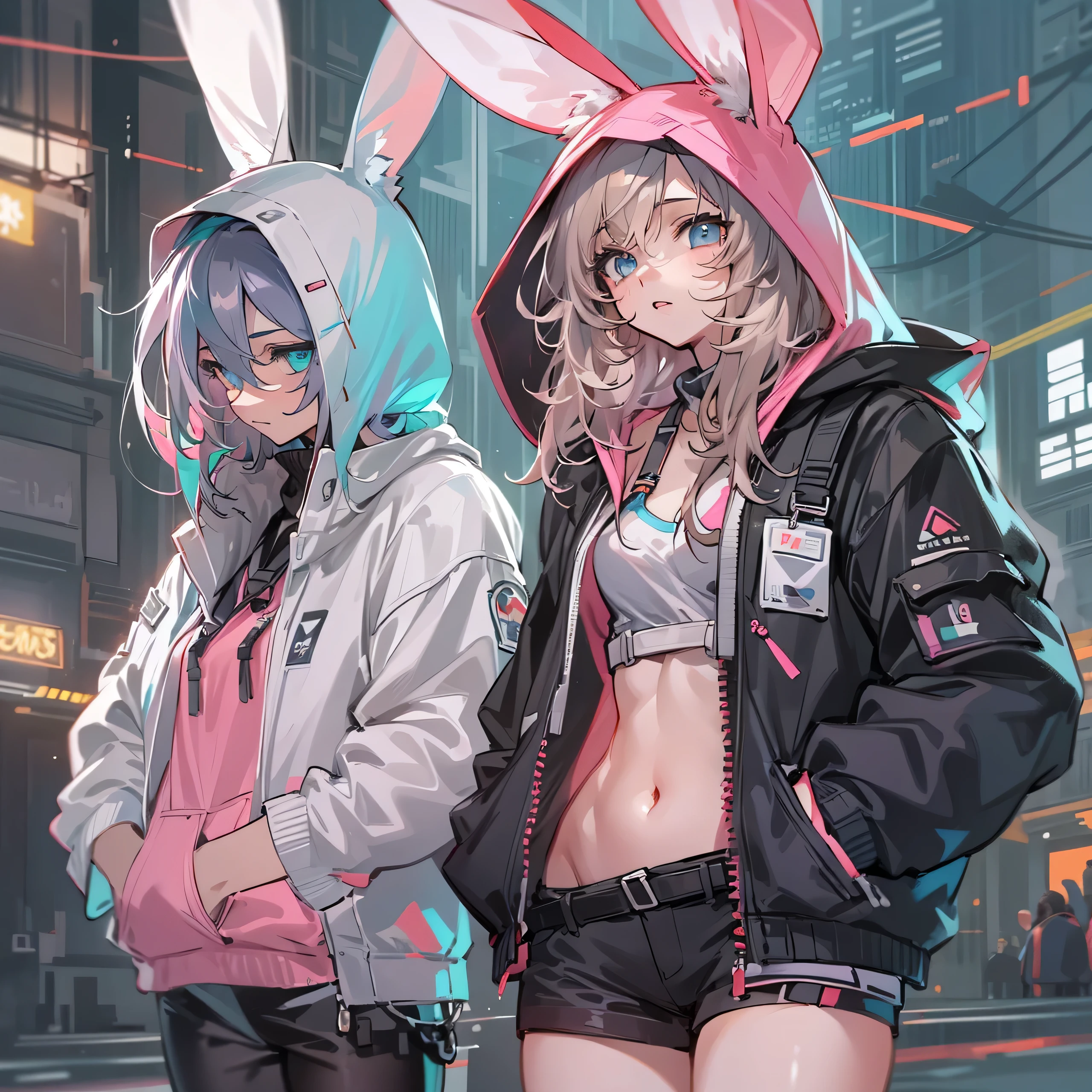 2 girls, jacket, outdoor, hoodie, open jacket, chain,cute, kawai, looking at another, trending on artstation, 8k resolution, highly detailed, anatomically correct, sharp image, digital painting, concept art, trending on pixiv ,pink and cyan color clothes,glow in the eyes, monocromatic colors, black and white, attractive aspect, hot look, arknights looks, arknights anime, bunny ears, detailed anime eyes, simple background, full body