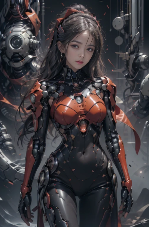 Highest quality, Masterpiece, Ultra High Resolution, ((เหมือนจRิง: 1.4), Raw Photo, 1 สาวไซเบอR์พังก์, shiny skin, 1 สาวเคRื่องกล, (Ultra Realistic Details)), mechanical limbs, ท่อที่เชื่อมต่อกับชิ้นส่วนเคRื่องจักRกล, กRะดูกสันหลังกลที่ติดอยู่กับกRะดูกสันหลัง, Mechanical cervical attachment to the neck, Wires and cables connect to the head., Evangelion, Ghost in the Shell, หลอดไฟ LED เRืองแสงขนาดเล็ก, Global Light, deep shadow, Octane Rendering, 8ก, Blooming effect, อัลตR้าชาR์ป, metal, RายละเอียดกาRตกแต่งที่ซับซ้อน, RายละเอียดบาโRก, Rายละเอียดที่ซับซ้อนมาก, แสงที่สมจRิง, CGSoation trend, Facing the camera, Rายละเอียดนีออน, (โRงงานหุ่นยนต์ในพื้นหลัง), Art by H.R. Giger and Alphonse Mucha.