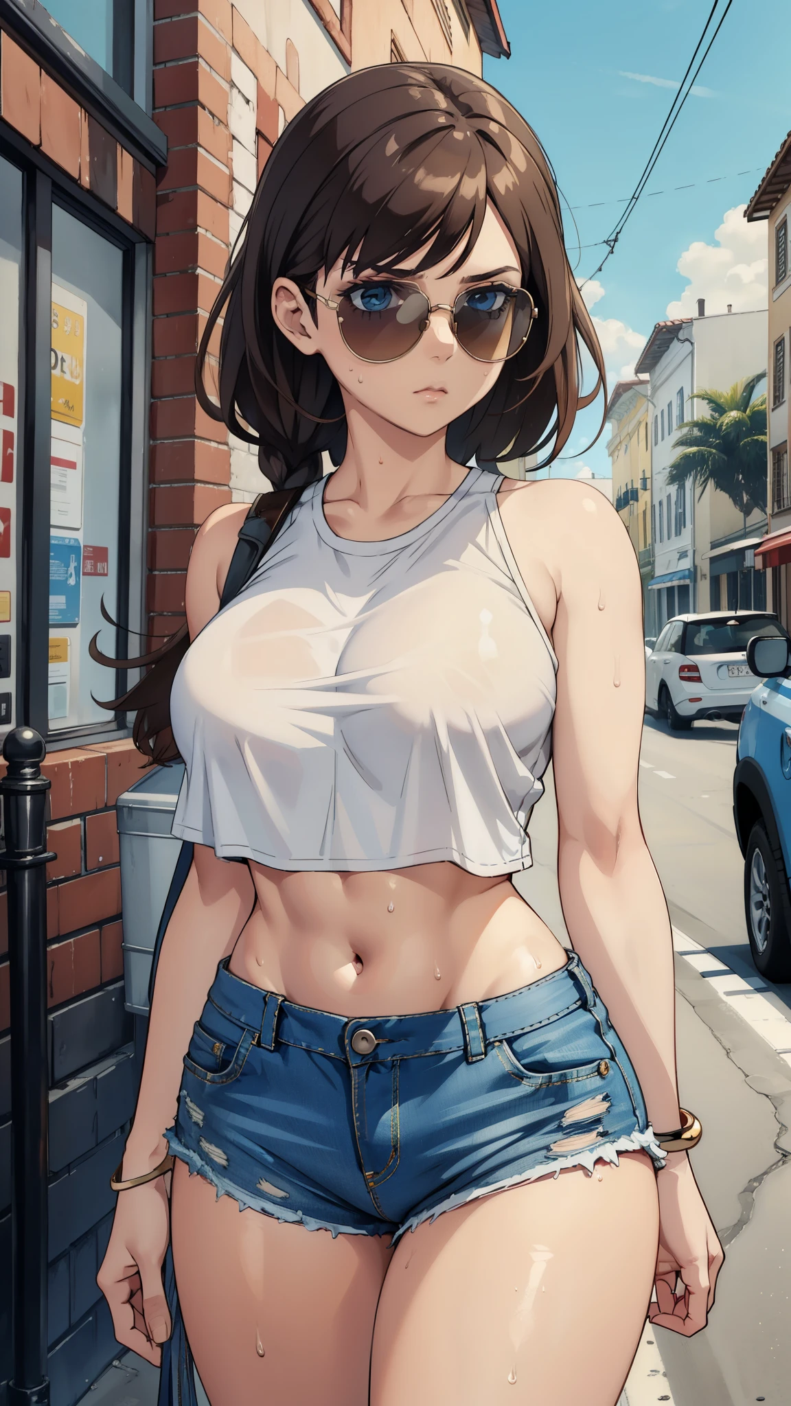 1girl, brown hair, white crop top, blue denim mini shorts, thick thighs, sunglasses, sweaty body, cowboy shot, in strert, hot summer weather, sharp focus, ultra HD, 8k, High res, more_details:-1, more_details:0, more_details:0.5, more_details:1, more_details:1.5