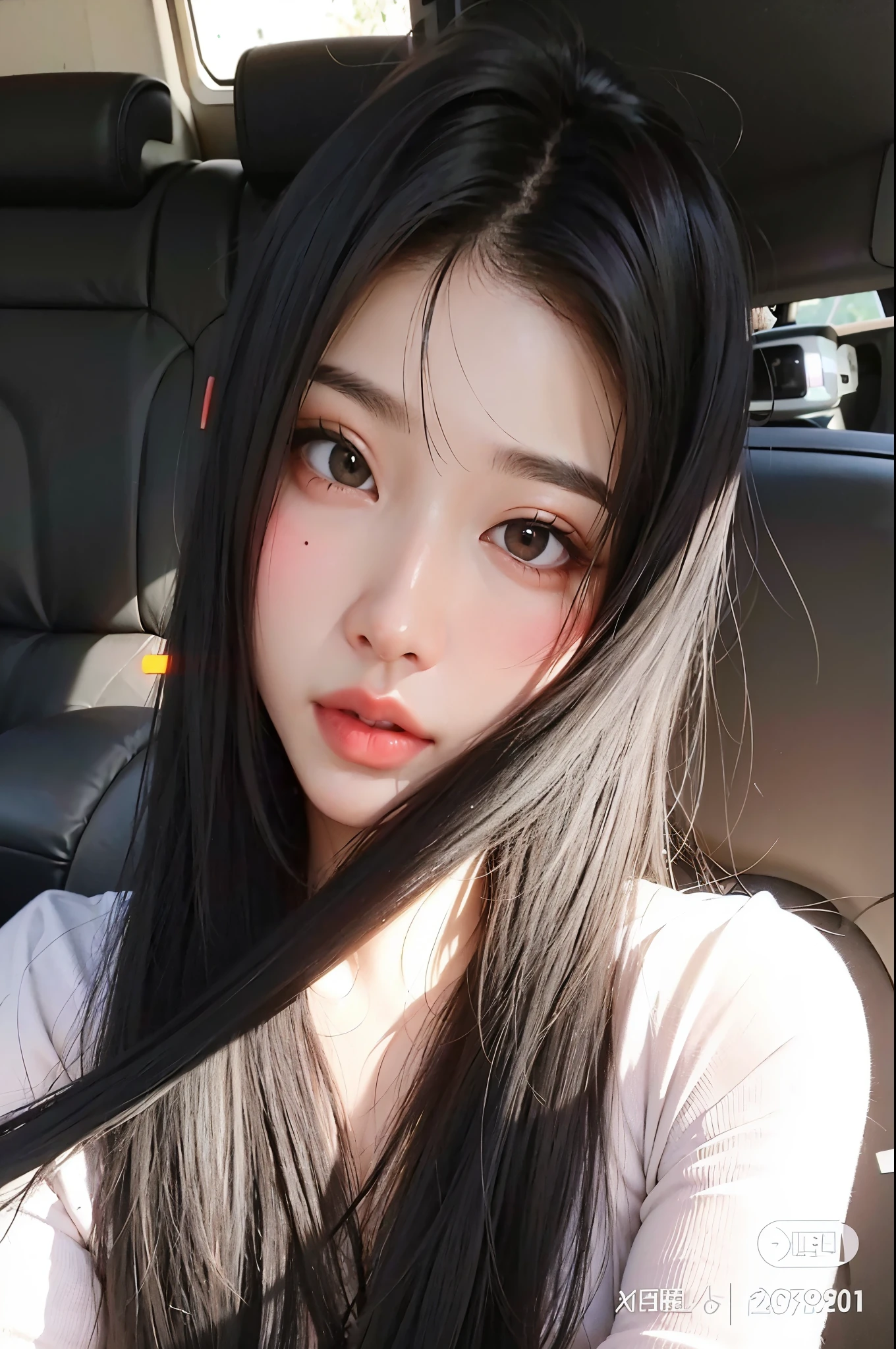 Un primer plano de una mujer con el pelo largo y negro sentada en un coche, muchacha coreana, chica linda-cara-fina, pale korean adorable face, Young cute pale asian face, ulzzang, joven y adorable rostro coreano, hermosa mujer surcoreana, beautiful asian girl, linda cara de anime natural, asian girl with long hair, preciosa cara delicada