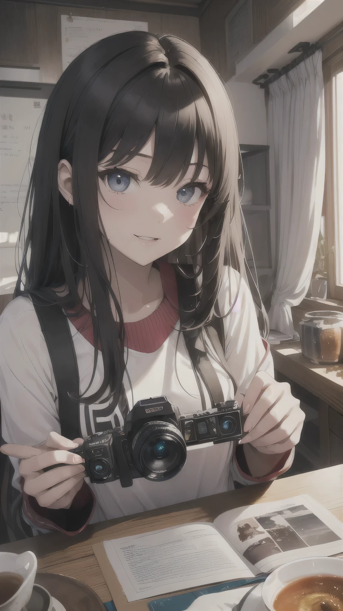 最high quality、best image quality、masterpiece、teenage girl((18-year-old、 By becoming、vest bust、medium bust,wide open breast tea、black eye, black hair、long hair、thin,highest valley、Torn black t-shirt(2:3)、cute smile,damaged pants(2:3)、Service Shots)),high quality、beautiful art、background((photo studio、white wall、Lots of cameras、)),debris flies、Depth of written boundary、movie、visual art、perfect art、8K,genuine