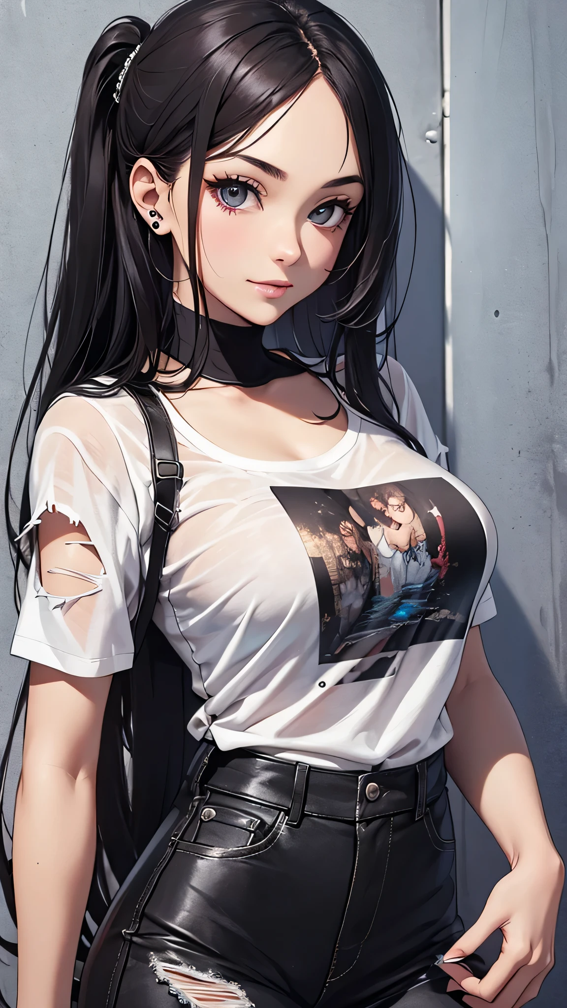 最high quality、best image quality、masterpiece、age girl((18-year-old、 By becoming、vest bust、medium bust,wide open breast tea、black eye, black hair、long hair、thin,highest valley、Torn black t-shirt(2:3)、cute smile,damaged pants(2:3)、Service Shots)),high quality、beautiful art、background((photo studio、white wall、Lots of cameras、)),debris flies、Depth of written boundary、movie、visual art、perfect art、8K,genuine