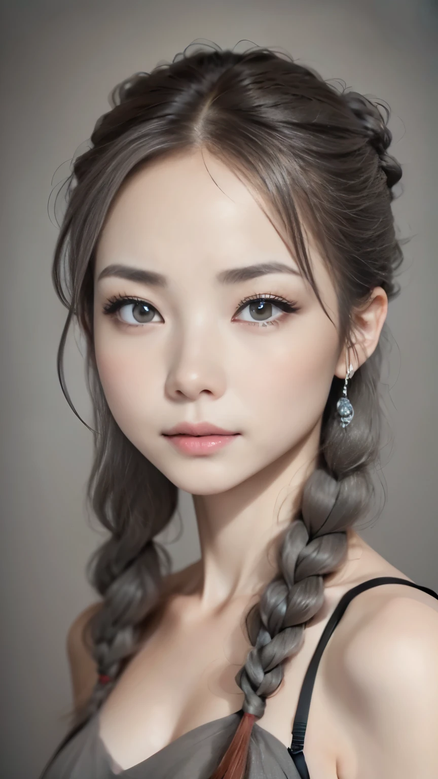 one woman、１４talent、close up of face、very cute face、((beautiful clear gray eyes:1.1、Ash gray hair:1.3、thick braids、Red hair ornament、natural skin texture、intricate details、(((highest quality、ultra high resolution、reality、hyper realism、master piece:1.1、Portrait、50mm lens、professional writing、professional photographer、gray background、focus on face、