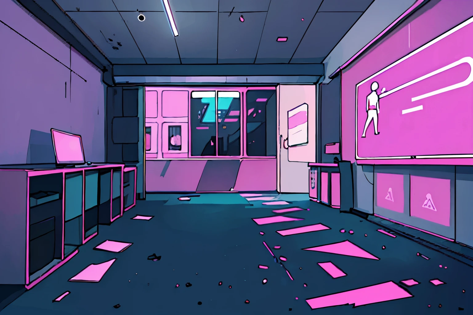 corridor,eye level,Cartoon,Young age,Simple,stickfigure,cyberpunk