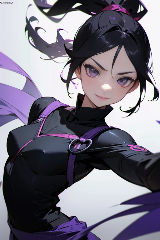 Black hair in a ponytail、Beautiful 25 year old Japan woman, white skin, double eyelid、serious expression, smile a little、Wearing a black and purple ninja costume, valley、waist up shot, dynamic pose, environmental lighting, photorealism, intricate face details, intricate hand details, very detailed, bright colors, cinematic, High resolution, Art Station Trends - Style Row