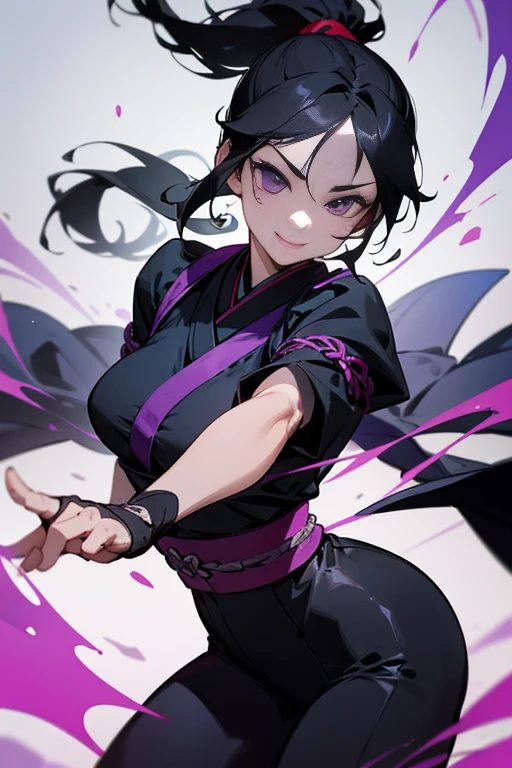 Black hair in a ponytail、Beautiful 25 year old Japan woman, white skin, double eyelid、serious expression, smile a little、Wearing a black and purple ninja costume, valley、waist up shot, dynamic pose, environmental lighting, photorealism, intricate face details, intricate hand details, very detailed, bright colors, cinematic, High resolution, Art Station Trends - Style Row