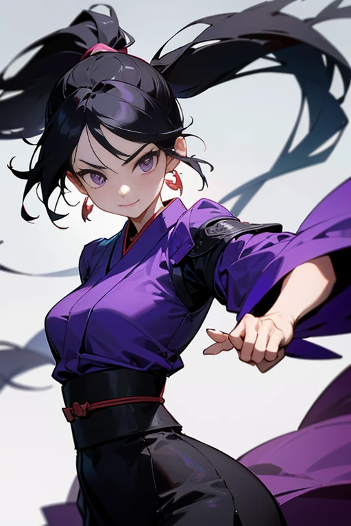 Black hair in a ponytail、Beautiful 25 year old Japan woman, white skin, double eyelid、serious expression, smile a little、Wearing a black and purple ninja costume, valley、waist up shot, dynamic pose, environmental lighting, photorealism, intricate face details, intricate hand details, very detailed, bright colors, cinematic, High resolution, Art Station Trends - Style Row