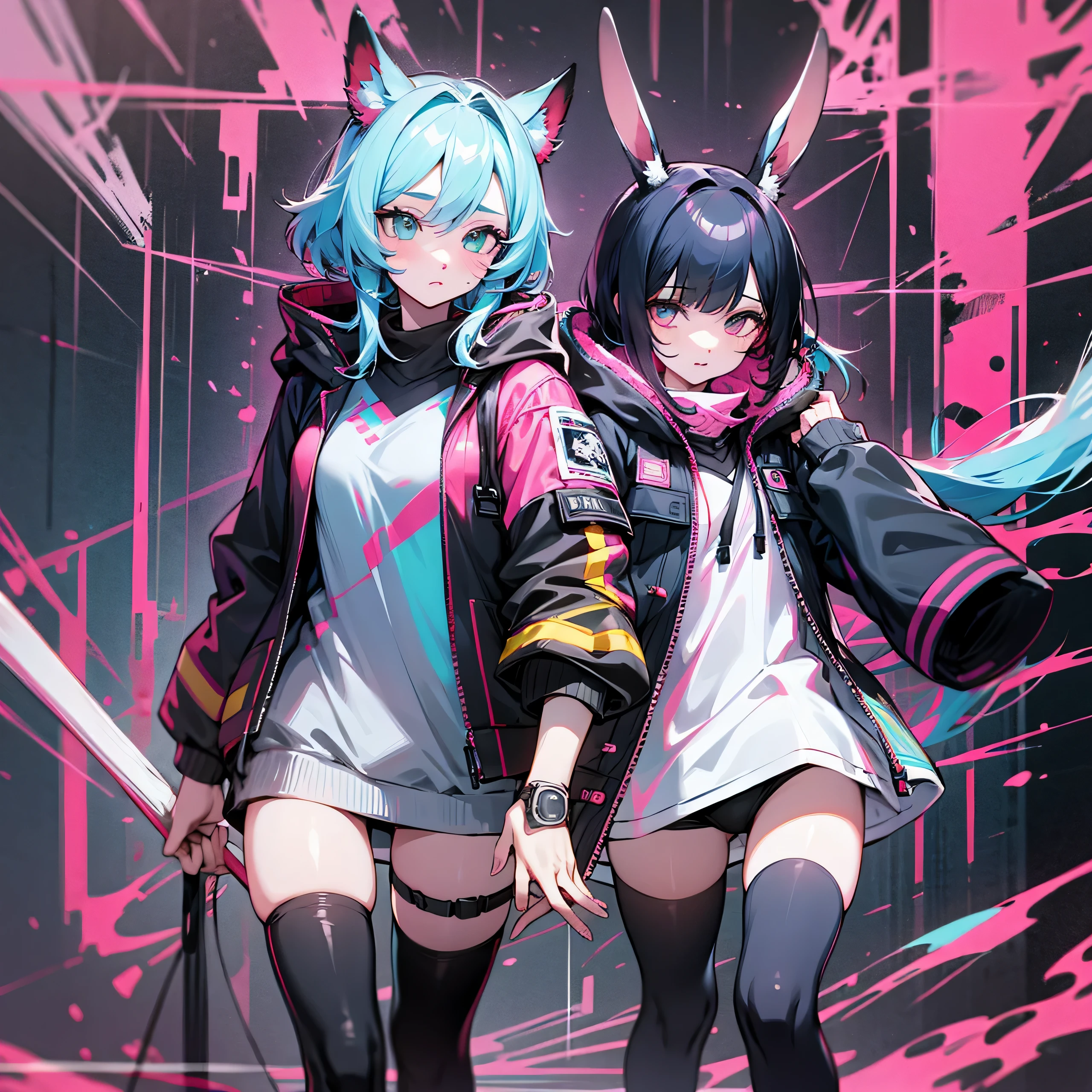 2 girls, jacket, outdoor, hoodie, open jacket, chain,cute, kawai, looking at another, trending on artstation, 8k resolution, highly detailed, anatomically correct, sharp image, digital painting, concept art, trending on pixiv ,pink and cyan color clothes,glow in the eyes, monocromatic colors, black and white, attractive aspect, hot look, arknights looks, arknights anime, bunny ears, detailed anime eyes, simple background, full body