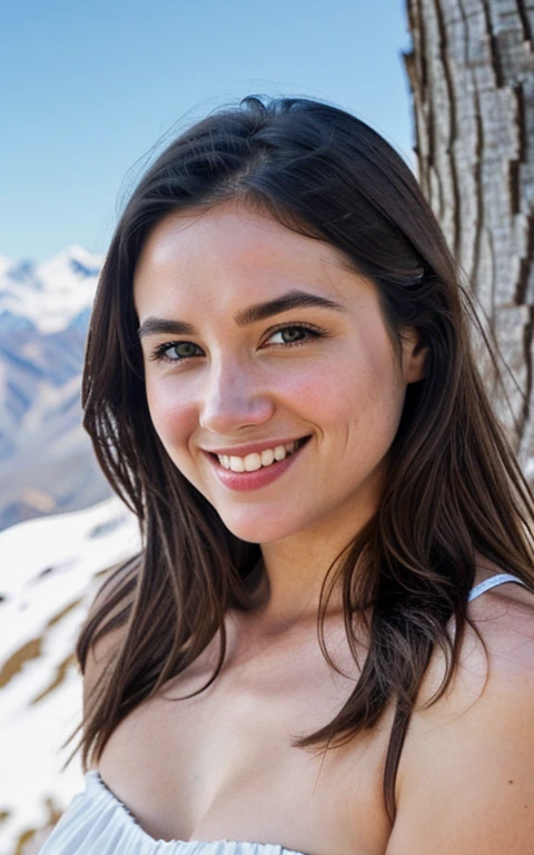 photorealistic, best quality, hyper detailed, beautiful woman, upper body, solo, outdoors, mountains, real life nature, (cheerful, happy), looking at viewer, skin texture, film grain, close up