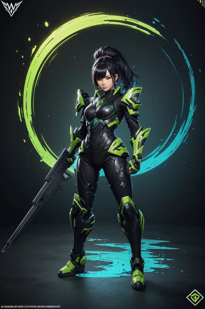 (best quality, vibrant colors), (design detailed), (weapon detailed, full body weapon detailed), (skin titanium black, weapon green), (skin weapon game detailed), (splash art) weapon evolution, weapon unique features,