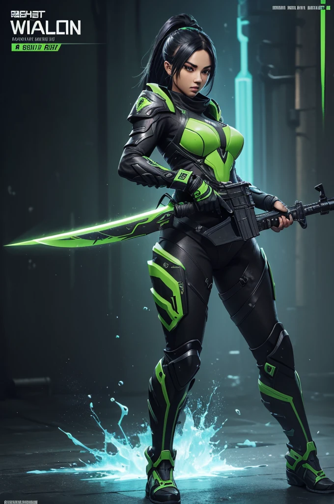 (best quality, vibrant colors), (design detailed), (weapon detailed, full body weapon detailed), (skin titanium black, weapon green), (skin weapon game detailed), (splash art) weapon evolution, weapon unique features,