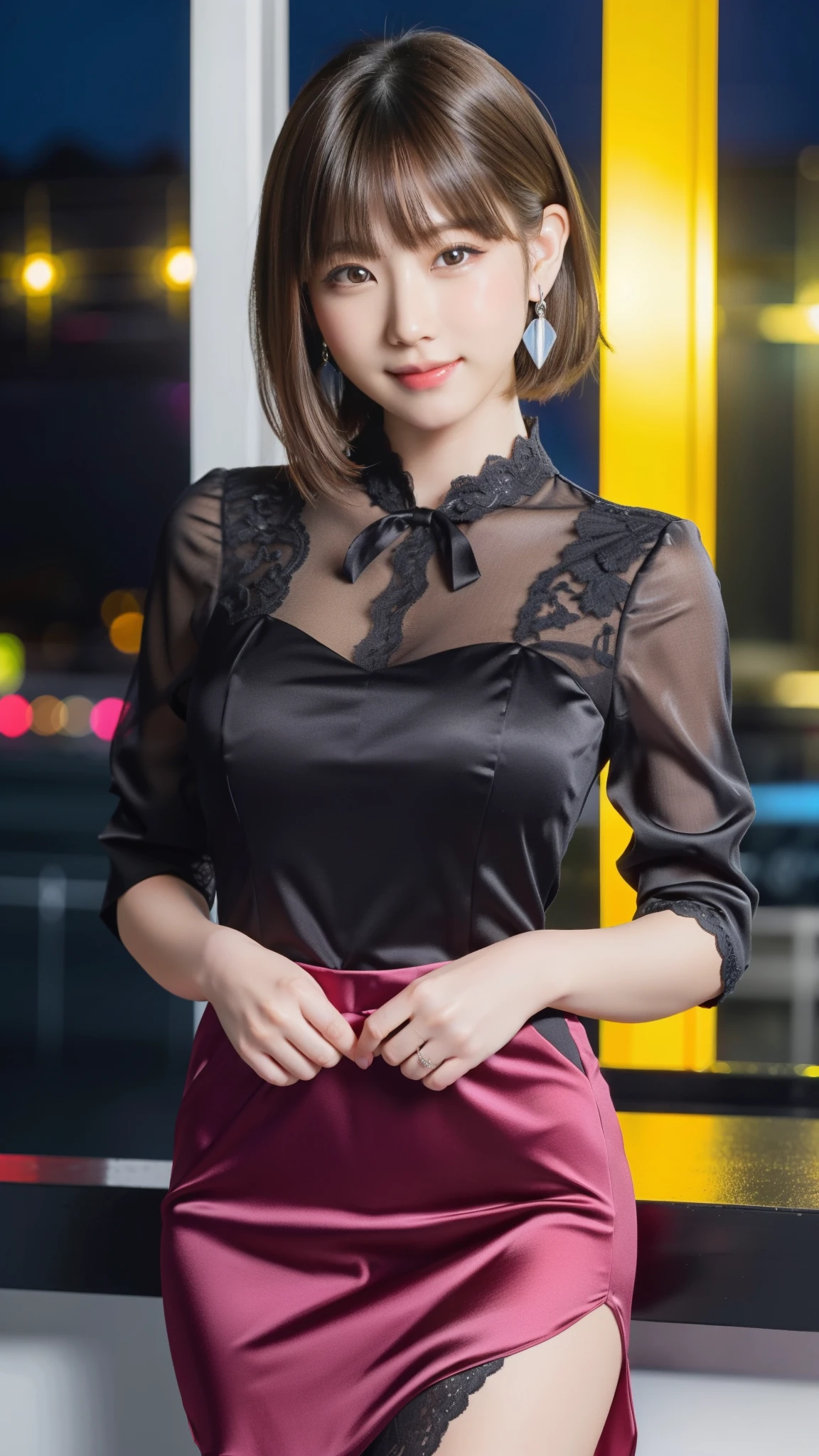 Photo taken by a professional photographer,8K, table top, RAW photo, highest quality, realistic, Highly detailed CG Unity 8K wallpaper, Depth of bounds written, cinematic light, Lens flare, ray tracing, (very beautiful face, beautiful lips, beautiful eyes), face with intricate details, ((super dense skin)) 1 girl, in the dark, deep shadow, cute korean girl, Flashy makeup with red eyeshadow,her shortcut, Delicate light brown hair is slightly disheveled with side waves.,wearing large ring earrings,K-POP idol, 1 girl, (very slim and slender fit muscular body:1.3), ((looking at the viewer)),(big smile:1.3), (magenta and black blouse), (sleeve fashion city night, dark night, (neon sign), (blurred background), fashion street night),(no people in the background:1.3), beautiful earrings, bracelet, necklace, pantyhose, clear eyes, walk, (white skin), (big eye ace forward, ((upper body shot)), ((silk color dresses:1.3)),(brown hair),((tight fit lace dress)), (See through), (looking at the viewer:1.3) open chest, very slim, medium breasts, backtracking,((buckshot)), See through, Medium Butt, mini skirt, updo hair, ((spread the thighs))