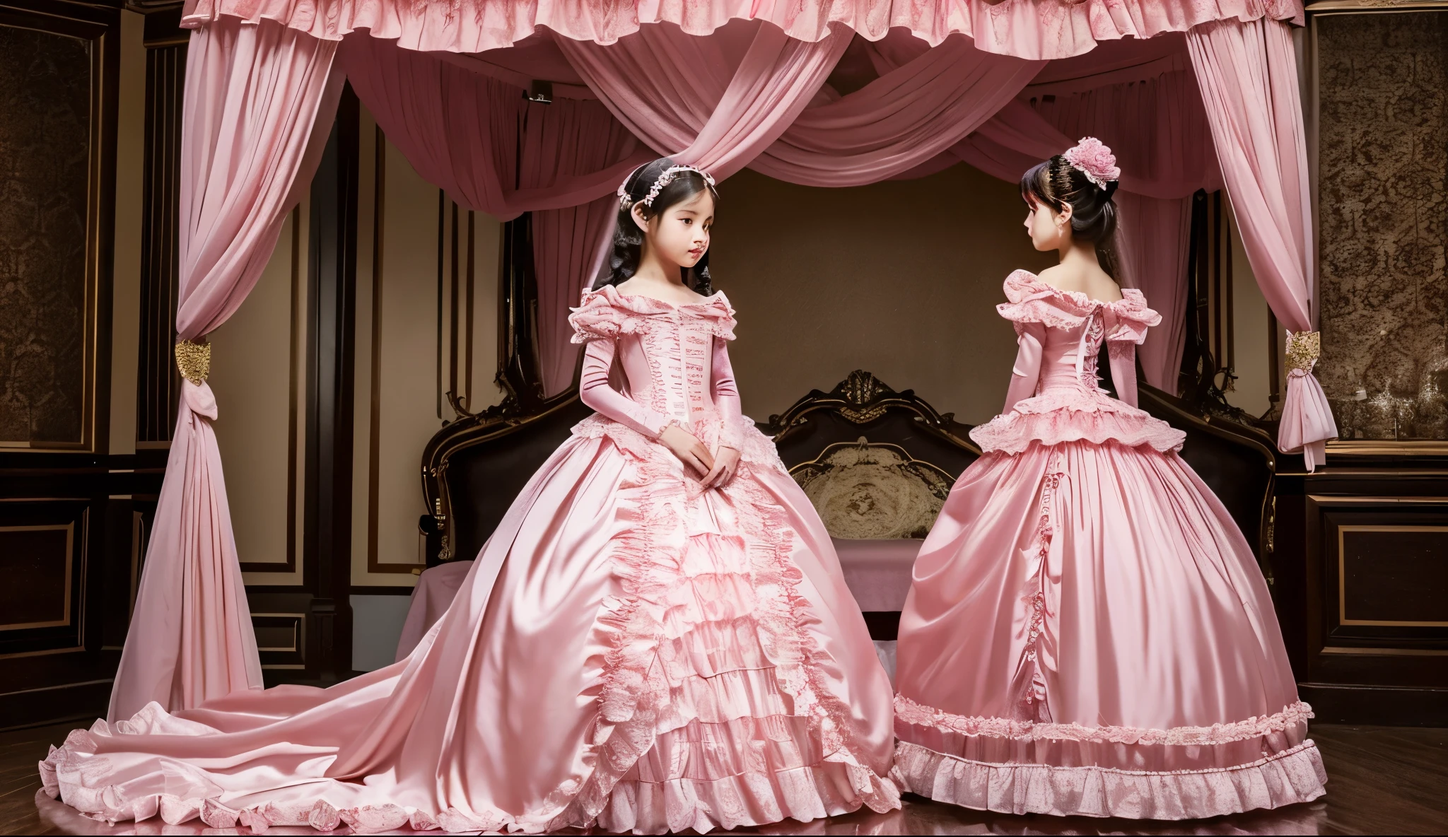 highest quality, masterpiece, highest resolution, artwork, super それにget used to it, many get used to it, get used to it, それにget used to it, romantic,woman, ((10 years old)),the girl is a princess,((dark pink satin fabric)),pink victorian dress, ((Gorgeous princess rococo ball gown dress with voluminous full-length hoop skirt)),long sleeve,long dress,A dress with lots of frills and ribbons..,luxury,((Palace bedroom)),((Huge Victorian canopy bed at the back)),