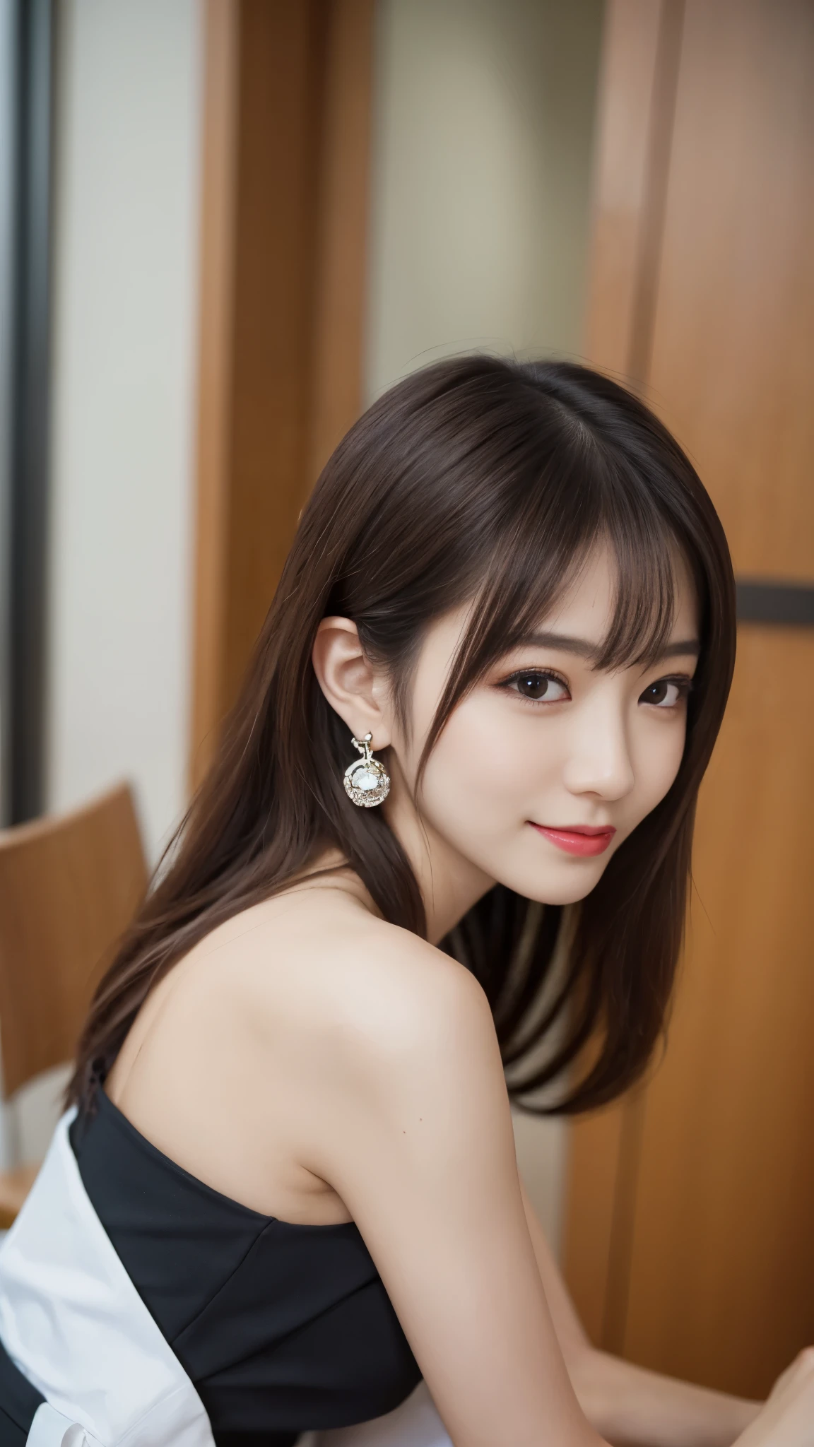 beautiful japanese woman,Photos taken by a professional photographer,Fancy makeup with red eyeshadow,double eyelid,The best smile,Delicate brown hair with short cut and side waves,big ring earrings,elegant legs,Wearing black high heels,long and thin legs, white shirt and super miniskirt, long legs, standing during class, very beautiful slim legs, とても美しいlong and thin legs, sitting at desk, Business service, beautiful feet, good hips and long legs, beautiful feet, surreal high school girl, cleavage,