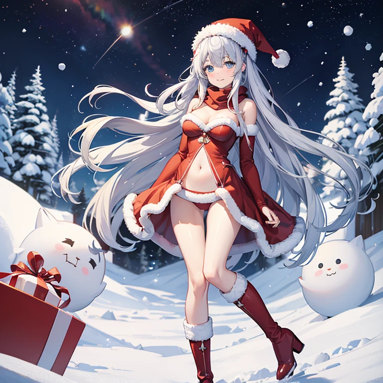 anime girl, 1 person,silvery hair, blue eyes, santa hat, santa shirt, santa suit, Christmas suit,Navel exposed、Santa Skirt、winter suit, color winter dress red, D cup breasts, Long boots, standing cross-legged, smile shyly, blush, cold winter, it&#39;s snowing, suitable for Christmas gifts, Christmas, alone(Full HD 4K+ image)