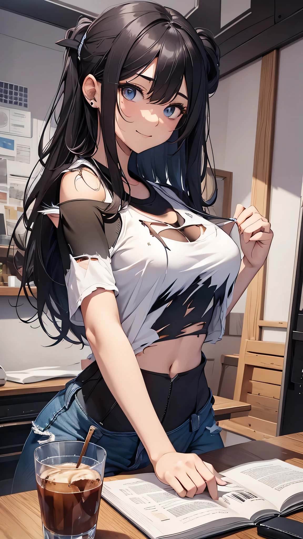 最high quality、best image quality、masterpiece、age girl((18-year-old、 By becoming、vest bust、medium bust,wide open breast tea、black eye, black hair、long hair、thin,highest valley、Torn black t-shirt(2:3)、cute smile,damaged pants(2:3)、Service Shots)),high quality、beautiful art、background((studio、white wall、tv set、)),debris flies、Depth of written boundary、movie、visual art、perfect art、8K,genuine